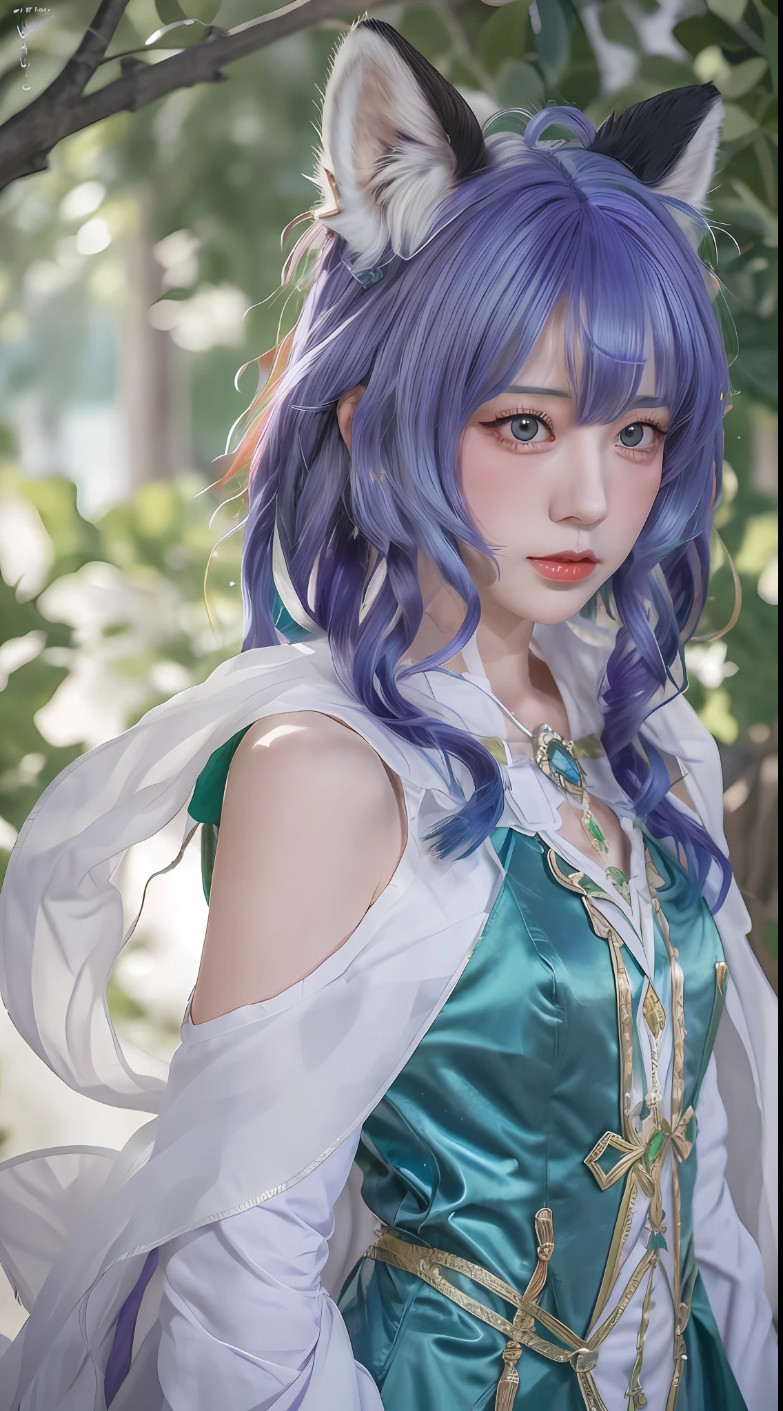Okay, here are some of the keywords that describe the appearance characteristics of the characters in Genshin:
- Purple hair
- Green eyes
- Long ears
- Delicate facial features
- Slim body
- Wear blue clothes and a white cape
- There is a cute little fox following her