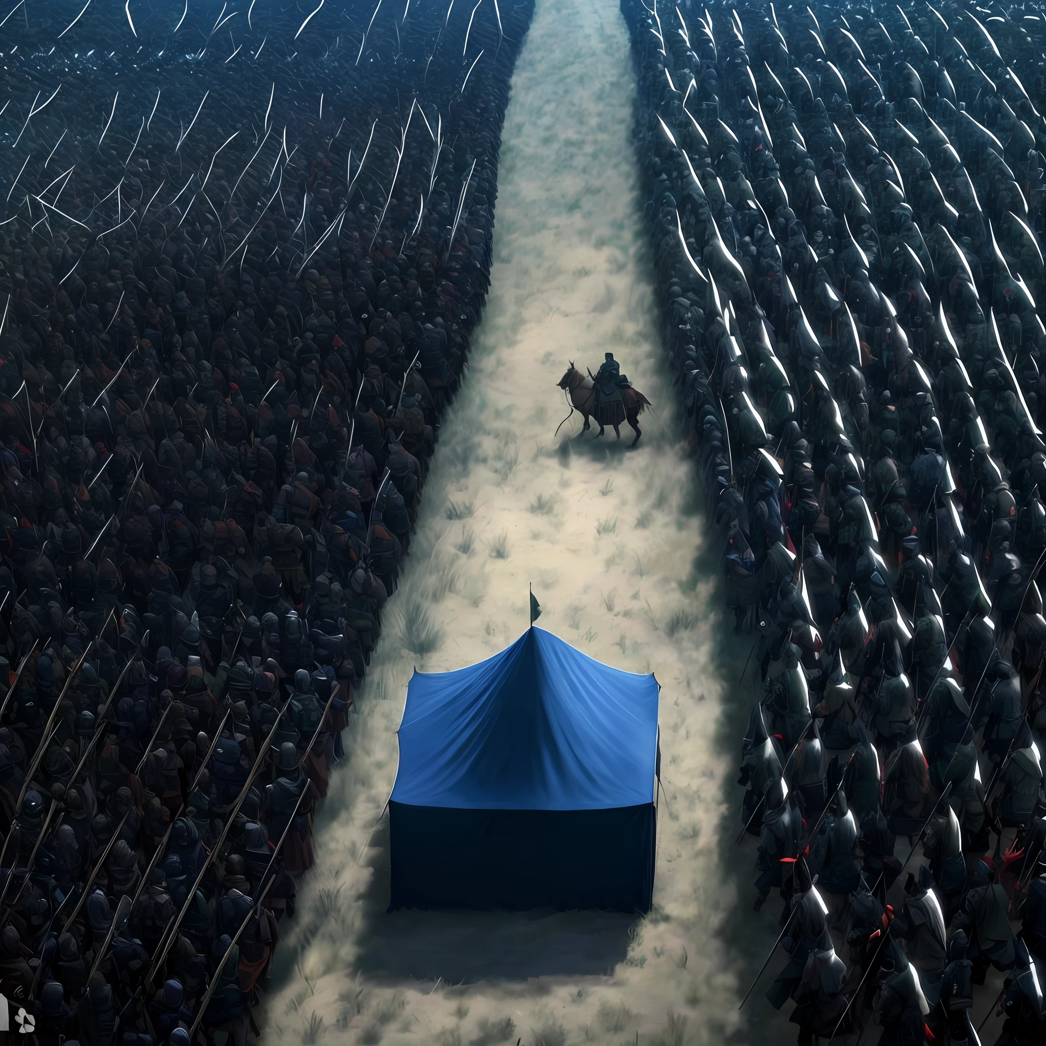 Draw a scene of tension between two rival armies: the Chinese imperial army and the Mongol invaders. Show the scene from a side and aerial perspective, so that all the elements mentioned can be seen. Show that each army was in line, one facing the other. **Show that each line of each army was within 400 yards of the tent where their leaders traded.** Show that each side had about 10,000 men in attack position, ready to engage in combat at any moment. Show that the two armies faced each other with intensity and determination, creating an atmosphere of suspense and rivalry. Show that your leaders were in a blue tent in the middle of the battlefield. The blue tent indicated that the leaders were negotiating a possible truce or surrender, but no one knew what was going to happen. Use cool colors and shades of gray to create a gloomy, rainy mood. Make the mist create an effect of depth and mystery. Show off the details of shining armor, sharp weapons, fluttering flags, and towering horses. Put some elements that showed the contrast between the two sides, such as the red and gold colors of the Chinese flags that symbolized the power and wealth of the empire, and the green and silver of the Mongols that represented the nature and freedom of the nomads. Try to capture the tension and expectation of the soldiers by showing their facial expressions, their body postures and their gestures. Draw the scene with a lot of detail and emotion.
Message sent. Draw a scene of tension between two rival armies: the Chinese imperial army and the Mongol invaders. Show the scene from a side and aerial perspective, so that all the elements mentioned can be seen. Show that each army was in line, one facing the other. **Show that each line of each army was within 400 yards of the tent where their leaders traded.** Show that each side had about 10,000 men in attack position