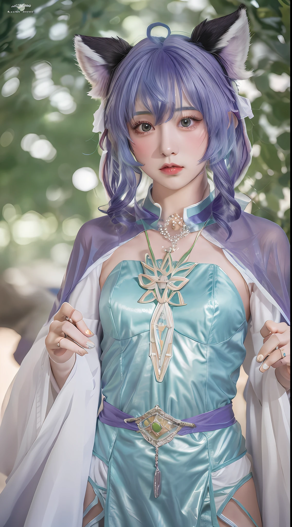 Okay, here are some of the keywords that describe the appearance characteristics of the characters in Genshin:
- Purple hair
- Green eyes
- Long ears
- Delicate facial features
- Slim body
- Wear blue clothes and a white cape
- There is a cute little fox following her