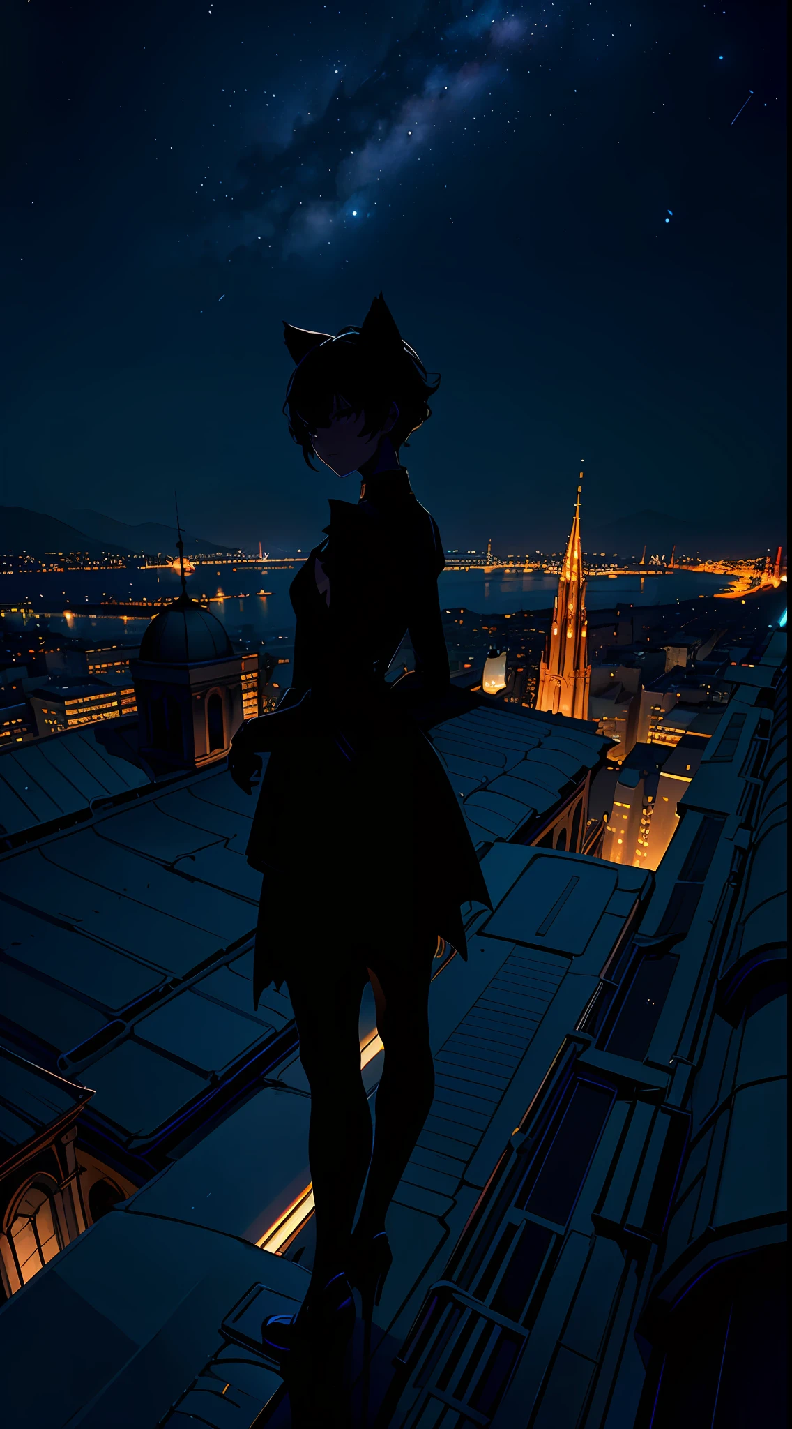 masterpiece, best quality, (stunning cityscape, bay city, scenery, small silhouette of cat on rooftop, night sky:1.2), rooftop of church, rim lighting, cinematic shadow, night view, particle, stone building, perspective, depth of field, sharp focus, HDR, highres, photography, realistic, highest detailed, extreme detailed, ultra detailed, finely detail