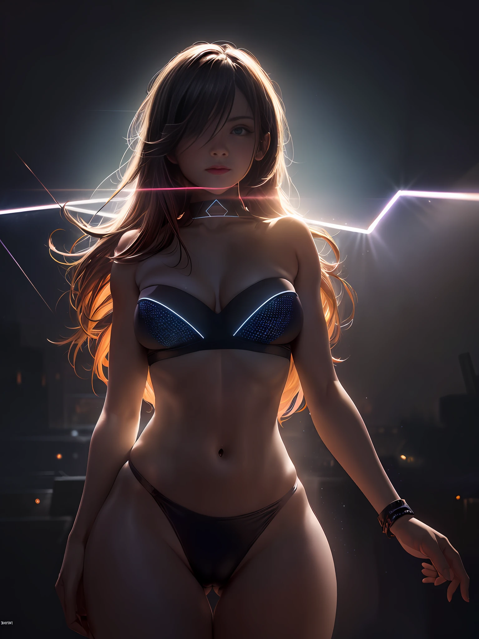 night, rays of light, EoC, Rave, Highres, Lens flare, LED, masterpiece, cinematic lighting, ((((dark scene, dim lit))) bandeau , 1woman, rave festival, perfect skin, long colored hair, toned, cameltoe, focus on chest, focus on legs
