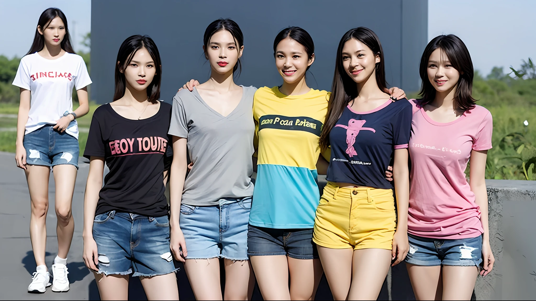 1. T-shirt + shorts
First up is this simple yet classic combination: a T-shirt paired with shorts. Opt for a fitted but not too tight tee to keep things stylish! Color-wise, anything goes, but bright hues like yellow, pink, and light blue can add some energy to your look. Pair it with a casual pair of shorts (make sure the length-to-width ratio is around 1:2), any print or color will do, whether it's denim or cotton.