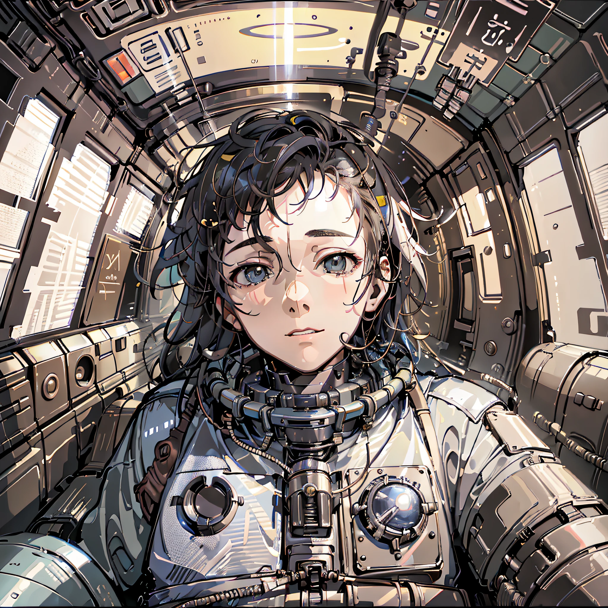 Adult male astronaut, 35 years old, inside the cockpit of the spacecraft. The dimly lit environment, no helmet, bust image, looking at me, impetuous expression, euphoria, sarcasm, cartoonish realistic style image, neutral colors, in the background only the space appearing through the windows --auto --s2