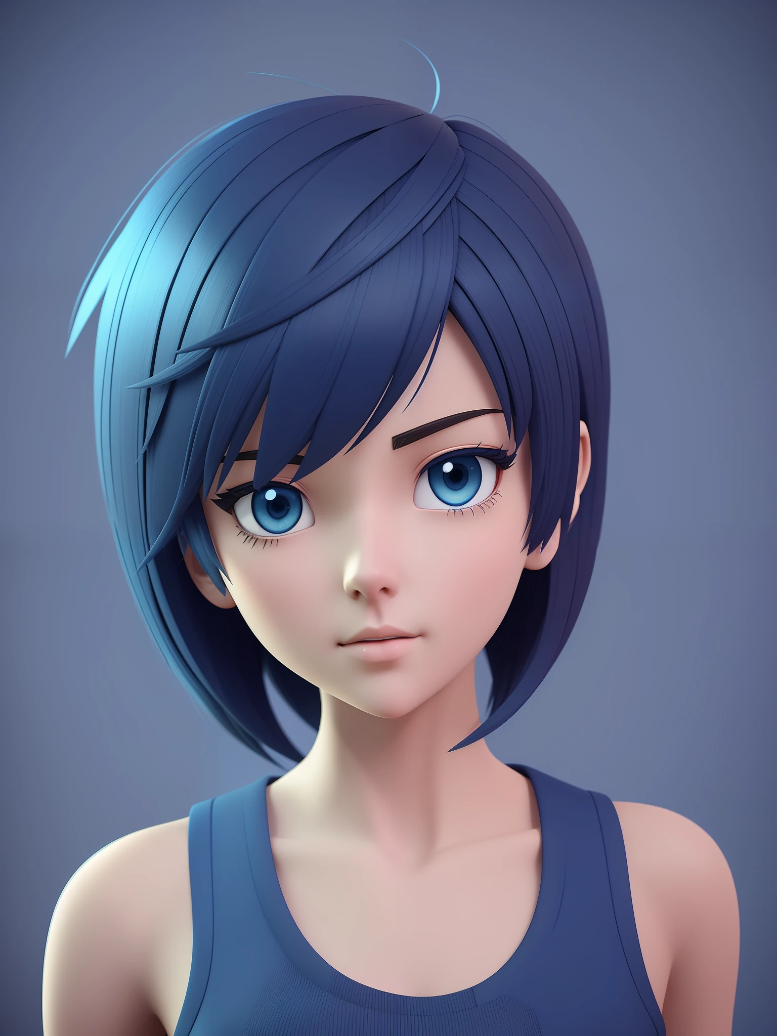 Young girl, a cartoon character light dark blue clothing, (short hair and dark blue), stylized character, animation character, stylized 3d render, 3d character, highly detailed character, stylized anime, stylized 3d, render character, character model, close up, maximum quality