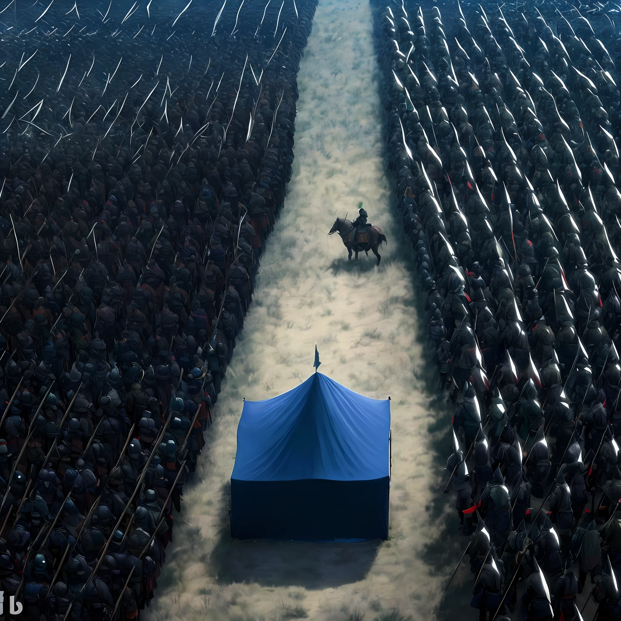 Draw a scene of tension between two rival armies: the Chinese imperial army and the Mongol invaders. Show the scene from a side and aerial perspective, so that all the elements mentioned can be seen. Show that each army was in line, one facing the other. **Show that each line of each army was within 400 yards of the tent where their leaders traded.** Show that each side had about 10,000 men in attack position, ready to engage in combat at any moment. Show that the two armies faced each other with intensity and determination, creating an atmosphere of suspense and rivalry. Show that your leaders were in a blue tent in the middle of the battlefield. The blue tent indicated that the leaders were negotiating a possible truce or surrender, but no one knew what was going to happen. Use cool colors and shades of gray to create a gloomy, rainy mood. Make the mist create an effect of depth and mystery. Show off the details of shining armor, sharp weapons, fluttering flags, and towering horses. Put some elements that showed the contrast between the two sides, such as the red and gold colors of the Chinese flags that symbolized the power and wealth of the empire, and the green and silver of the Mongols that represented the nature and freedom of the nomads. Try to capture the tension and expectation of the soldiers by showing their facial expressions, their body postures and their gestures. Draw the scene with a lot of detail and emotion.
Message sent. Draw a scene of tension between two rival armies: the Chinese imperial army and the Mongol invaders. Show the scene from a side and aerial perspective, so that all the elements mentioned can be seen. Show that each army was in line, one facing the other. **Show that each line of each army was within 400 yards of the tent where their leaders traded.** Show that each side had about 10,000 men in attack position