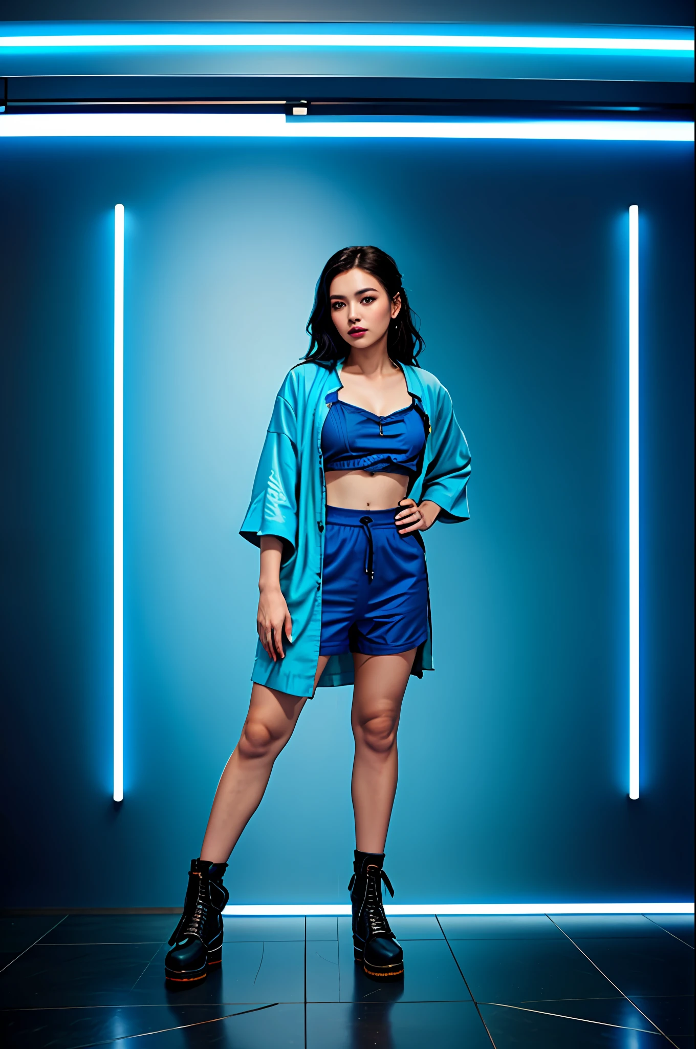 Araffe woman in blue outfit posing for a photo, with teal outfits, detailed kimono robe toggles, croptop and shorts, cropped shirt with jacket, blue clothes, turqouise, teal suit, teal tunic, blue tunic and robes, stout short woman, blue outfit, wide sleeved cut, teal, short in stature, turquoise, full body cyborg eora| Full Body Portrait| detailed face| symmetrical| steampunk| cyberpunk| cyborg | intricate detailed| scalar| hyperrealistic| cinematographic lighting| digital art| concept art| Style MDJRNY-V4