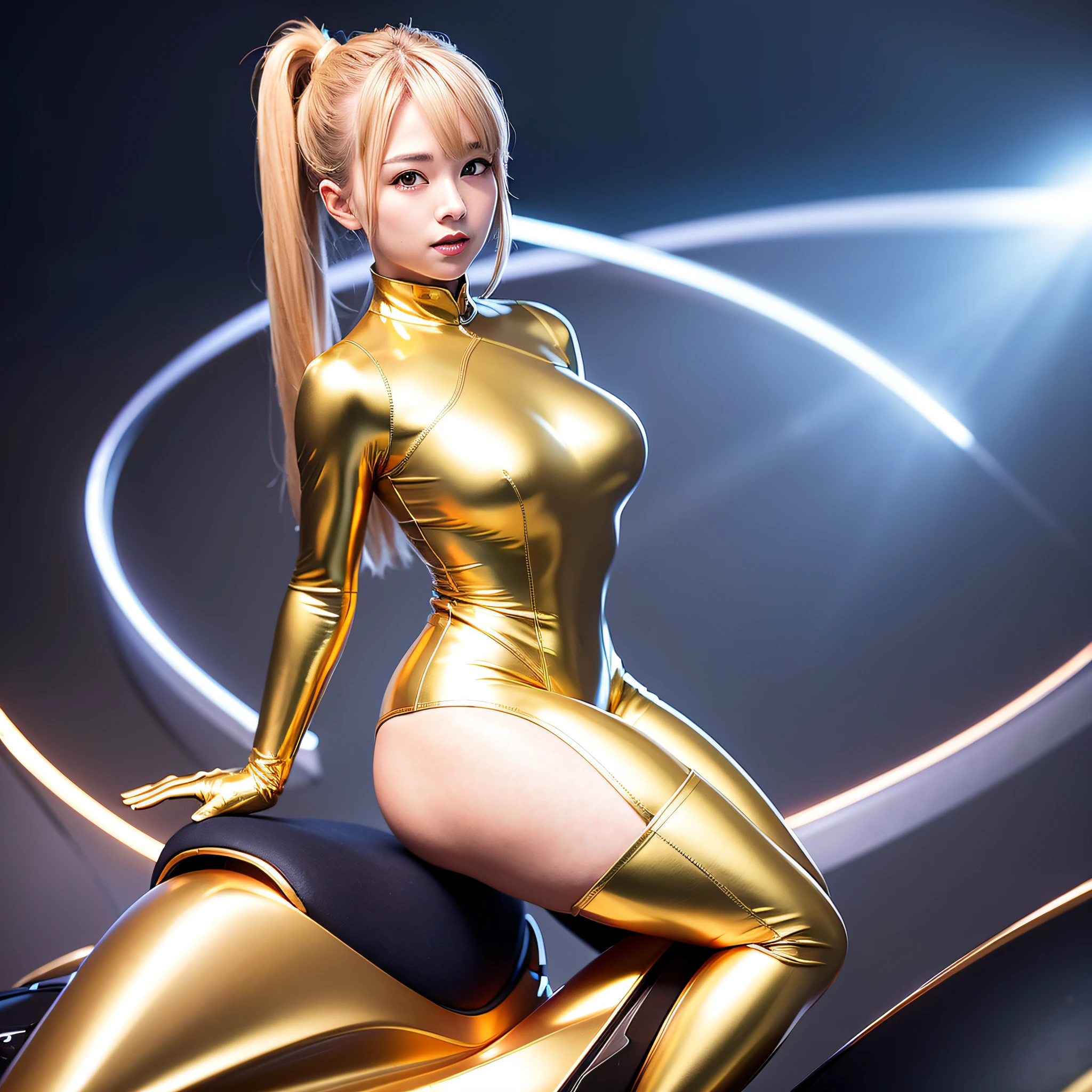 (8K, RAW photo, top quality, masterpiece: 1.2), (realistic, photorealistic: 1.4), cute, Japan girl, delicate and beautiful face, professional lighting, photon mapping, radiosity, physically based rendering, costume covering full body, shiny outfit, rubber, golden tight suit, beautiful woman with perfect figure: 1.4, y, Watch viewer, CG wallpaper, blurred night view background, clear background, medium breolden gloves, full body, golden long boots, leaning forward astride vehicle, light smile