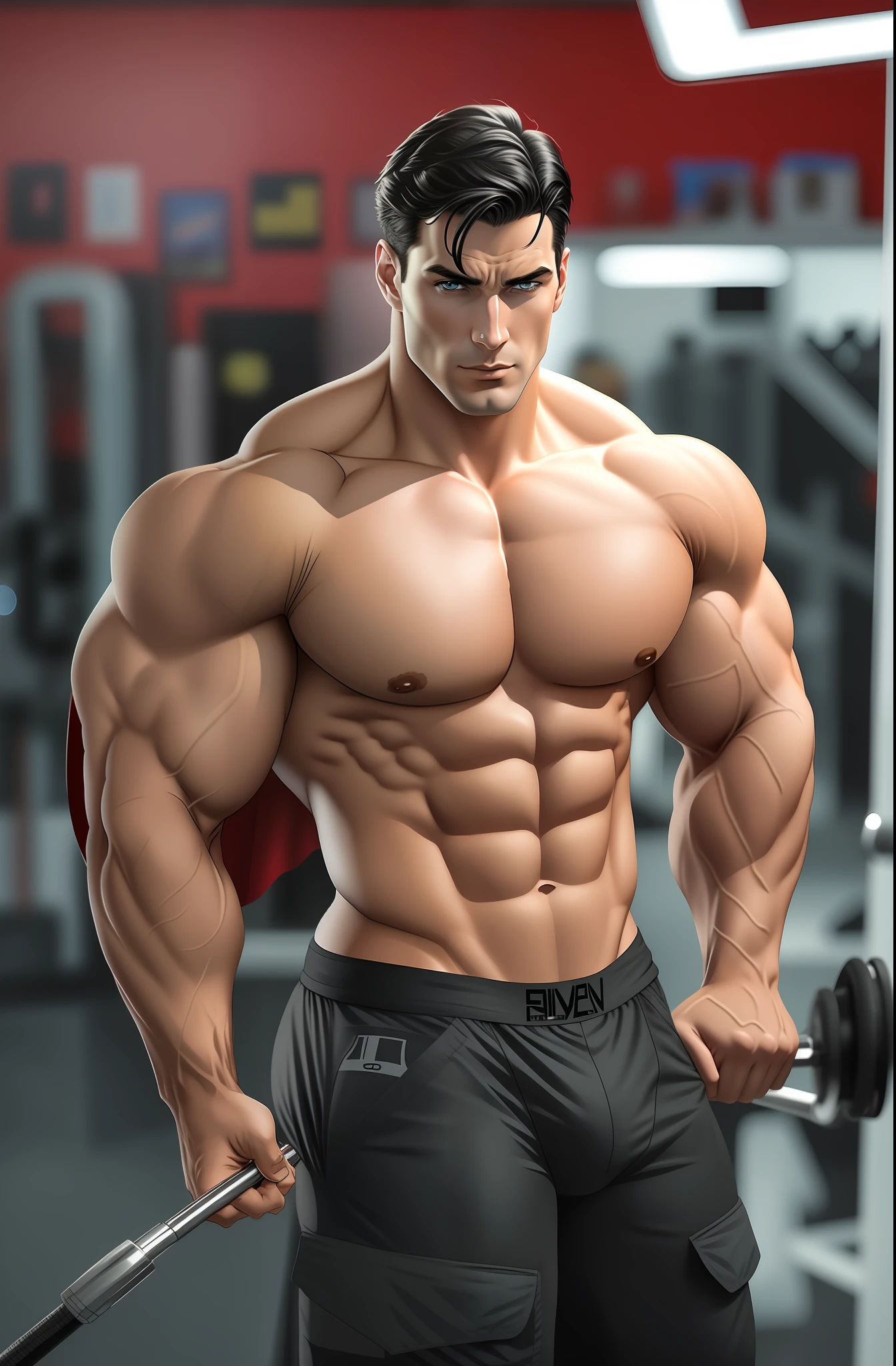 Superman, bodybuilder, tall and muscular,muscular body, anime art, tight black panties