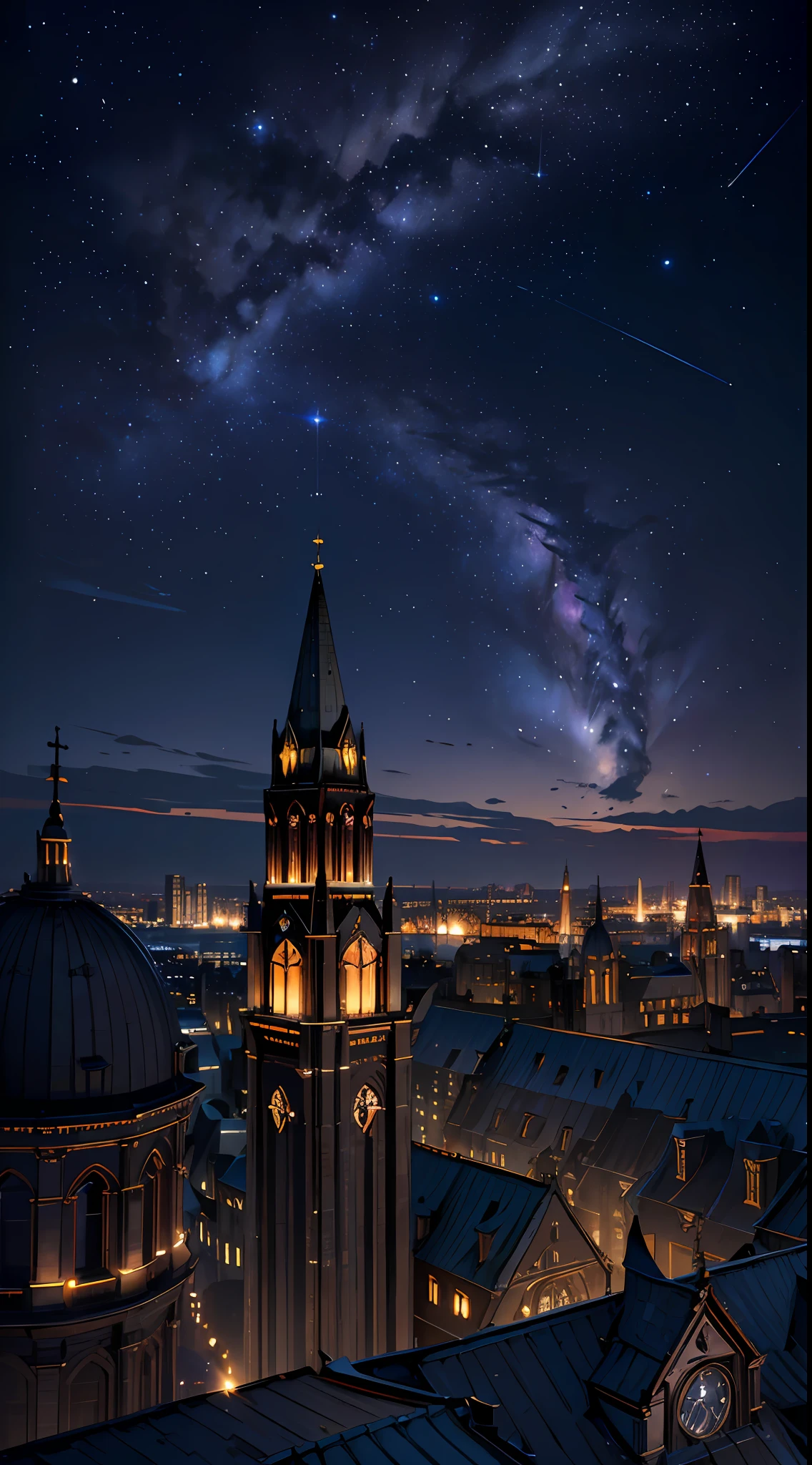 masterpiece, best quality, (stunning cityscape, bay city, scenery, small silhouette of cat on rooftop, night sky:1.2), rooftop of church, rim lighting, cinematic shadow, night view, particle, stone building, perspective, depth of field, sharp focus, HDR, highres, photography, realistic, highest detailed, extreme detailed, ultra detailed, finely detail