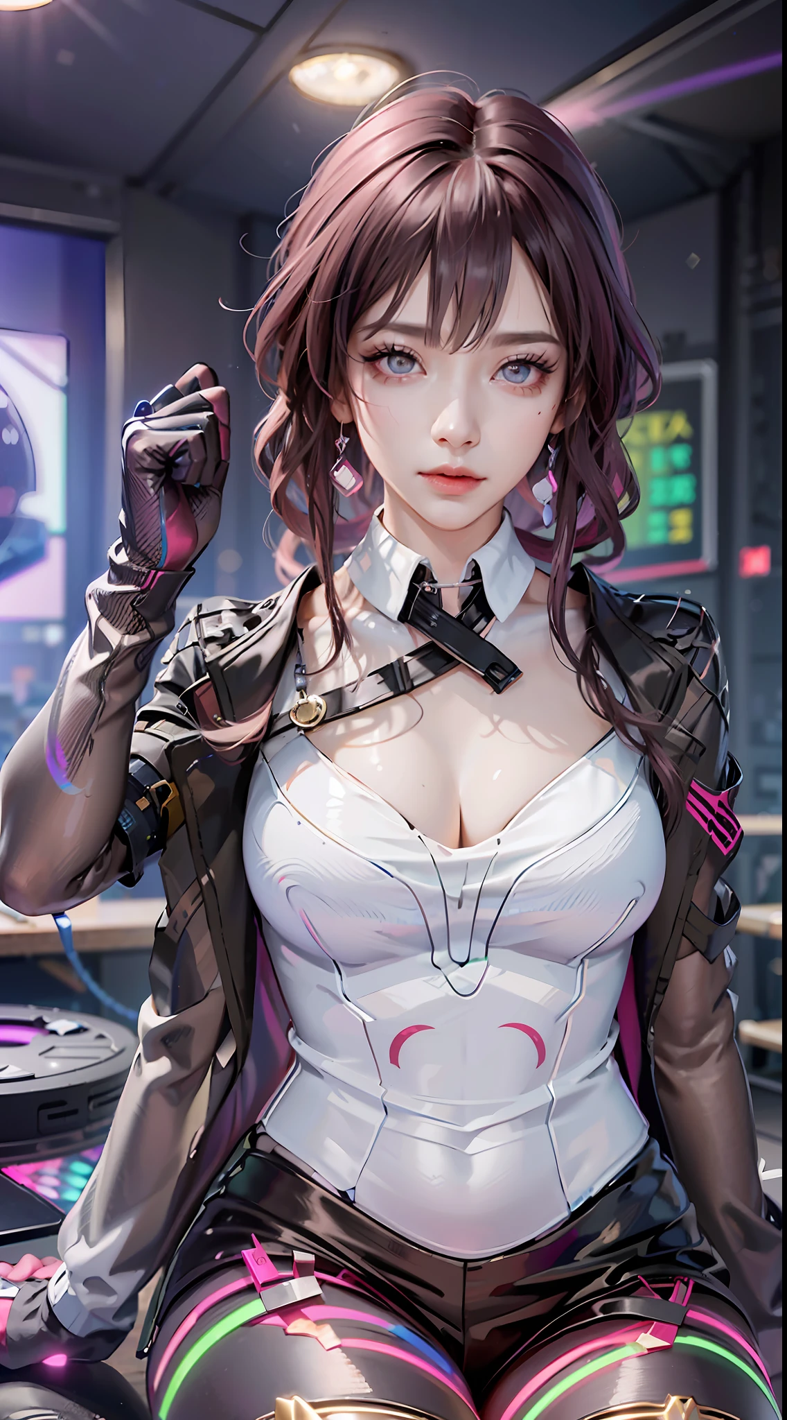 ((((7分身镜头)))),cowboy_shot,masterpiece, best quality,ultra-detailed, extremely detailed 16k CG wallpaper,beautiful face,(a esport mature demon in esport room),(perfect beautiful curvy figure),sitting,iridescent gem eyes,crescentic pupils, wearing resin holographic open coat,crop top overhang,mini Pleated skirt,Bell collar,logo,Iong hair,Contour light, concert, neon lights, audio, Bell collar,esports headphones,computer, esports room, playing games, white inside through the red skin,Holographic projection,planisphere,graffiti signs,highly detailed tattoo_,gothic,cyberpunk,fantasy,Science fiction,From the movie Matrix,Sparkling light flowing string,anti-magic three-dimensional protective shield,iridescetnt,stunning,chic,gorgeous,attractive,amazing,((((7分身镜头)))),cowboy_shot
创作信息