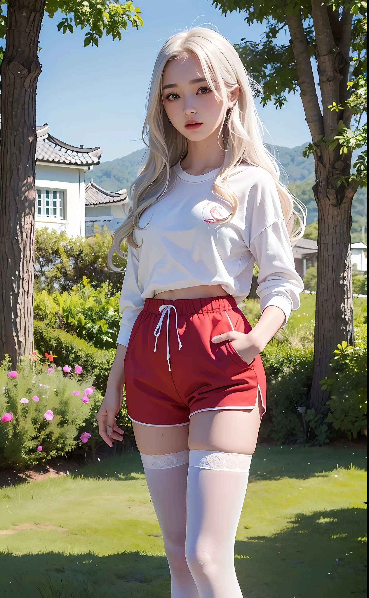 (Masterpiece, realistic, high resolution), (1 girl): 1.2), Korean, ((white wavy hair): 1.3), (heterochromic eyes: 1.1, thick eyebrows, small moles under the eyes), tie, (white shirt, red sweat shorts), ((medium breasts): 1.2, thighs), outdoors, blue sky and white clouds, domineering tattoo, HD quality, full body photo, wearing stockings
