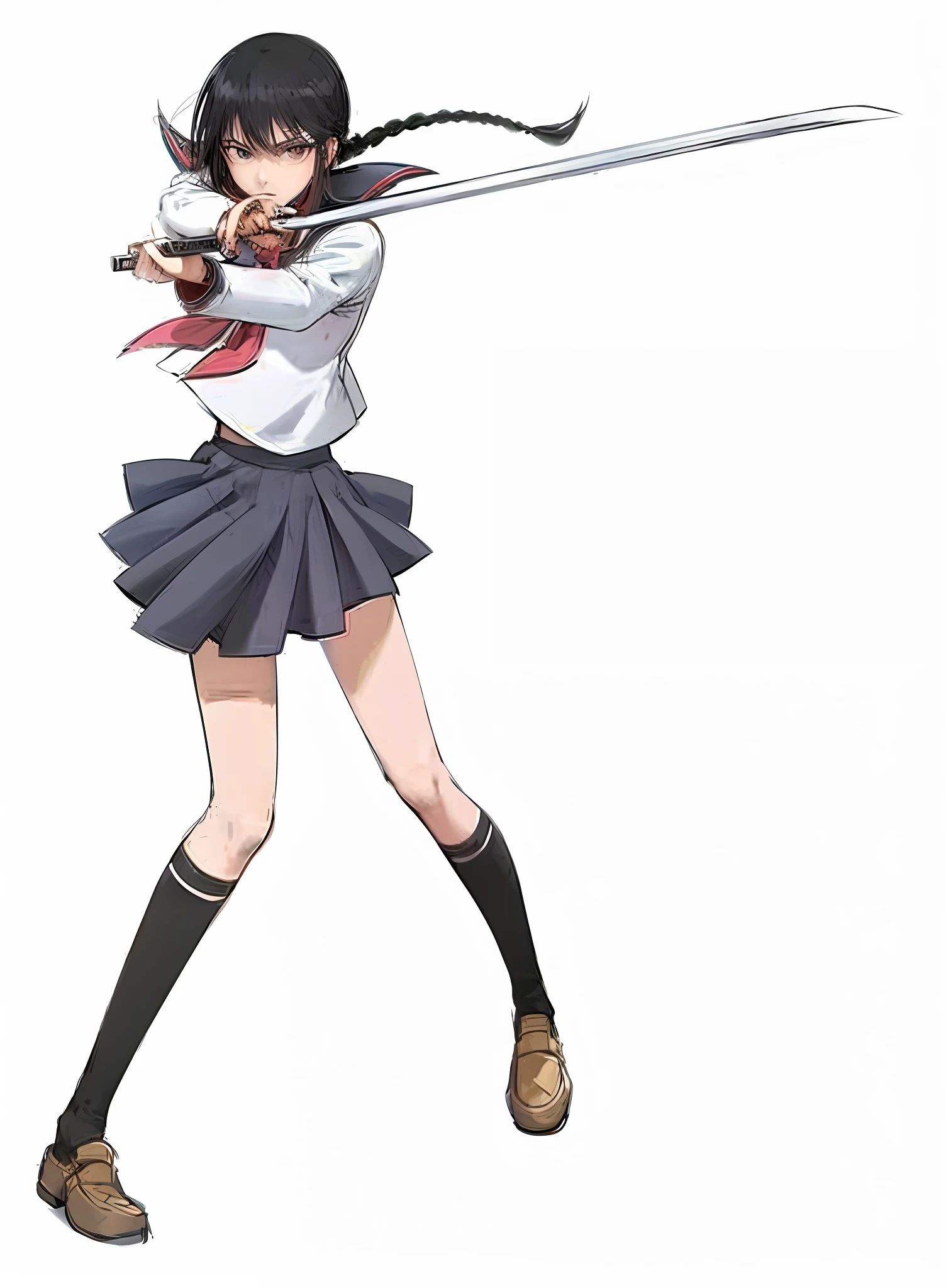 a woman in a skirt holding a sword and a sword, yandere. tall, yandere, gapmoe yandere, female action anime girl, attractive matoi ryuko, anime fencer, dramatic wielding katana pose, she is holding a katana sword, yandere intricate, anime girl with a bow and arrow, ikki tousen, rumiko