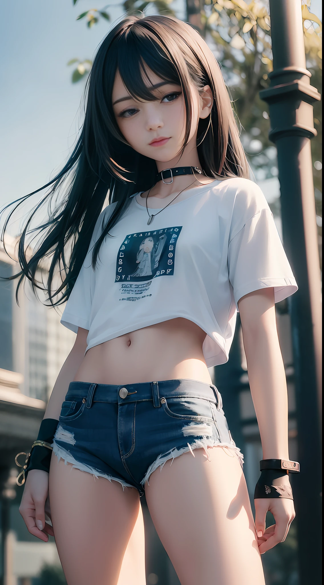 ((medium chest, tomboy, small head)), daylight, sunlight, (perfect body: 1.1), long hair, black hair, slender legs, collar, chain, full body photo, full body, beautiful beach, wearing light blue t-shirt, denim shorts, (extremely detailed CG 8k wallpaper), (extremely delicate and beautiful), (masterpiece), (best quality: 1.0), (super high resolution: 1.0), beautiful lighting, perfect lightning, realistic shadows, [high resolution], detailed skin, super detailed