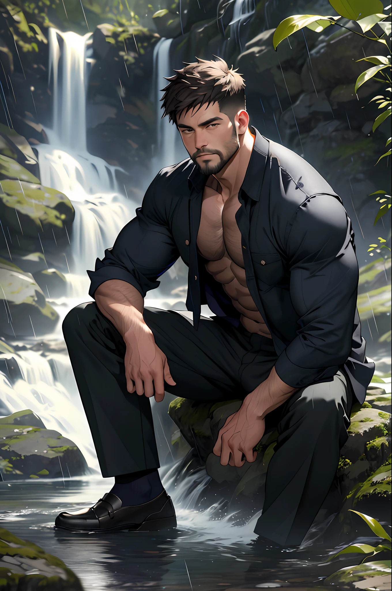 Best quality, masterpiece, expressionless,ultra high res,detailed background,realistic,1man,solo,male,muscular,mature male,short hair,facial hair,sitting,waterfall,river,real shadow and light,depth of field,chest, underwear, rain