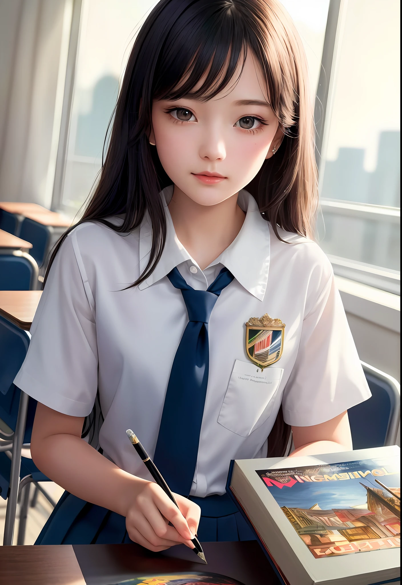huge_filesize, comics, art books, school uniforms, in the classroom, a girl, {{illustration}}, {{masterpiece}}}, {best quality}}, {high resolution}, hignity 8k wallpaper, detailed background, {{beautiful details water}}, {beautiful detail face}, fluttering details splash, {{complex details}}, {high resolution} ((masterpiece))), (best quality))), ((hyperdetail)), (illustration), (detail light), ((extremely delicate and beautiful)), dramatic_shadow, ray_tracing, small, blush