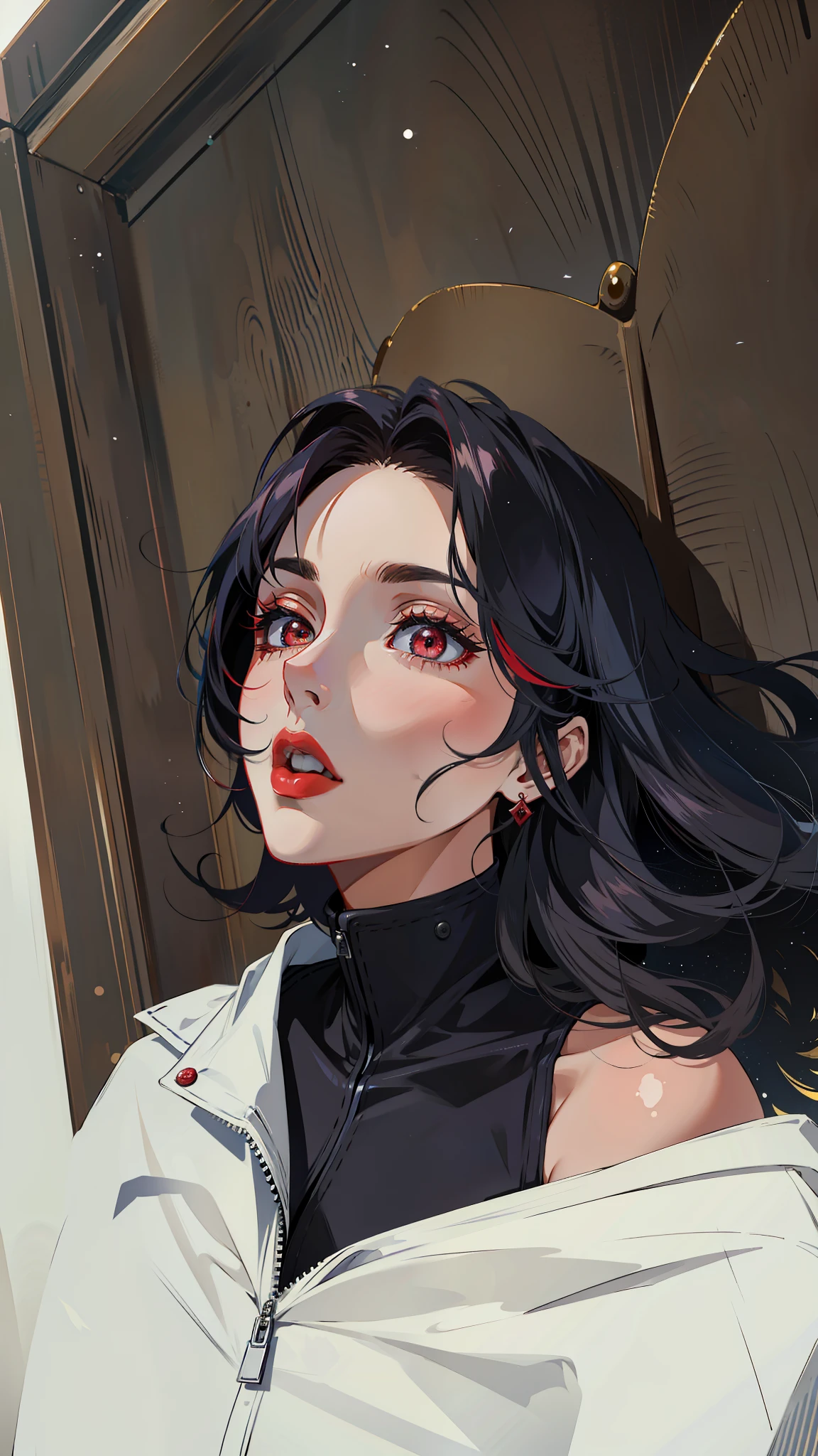 (masterpiece),(best quality:1.0), (ultra highres:1.0), detailed illustration, 8k, anime, 1girl, beautiful anime girl, wearing a red top, white jacket, pretty face, detailed face, beautiful eyes, detailed eyes, dark red eyes, bright red lips, red lipstick, beautiful stylish hair, highlights in hair, red theme, Ruby, bangs anime style, best quality, vibrant