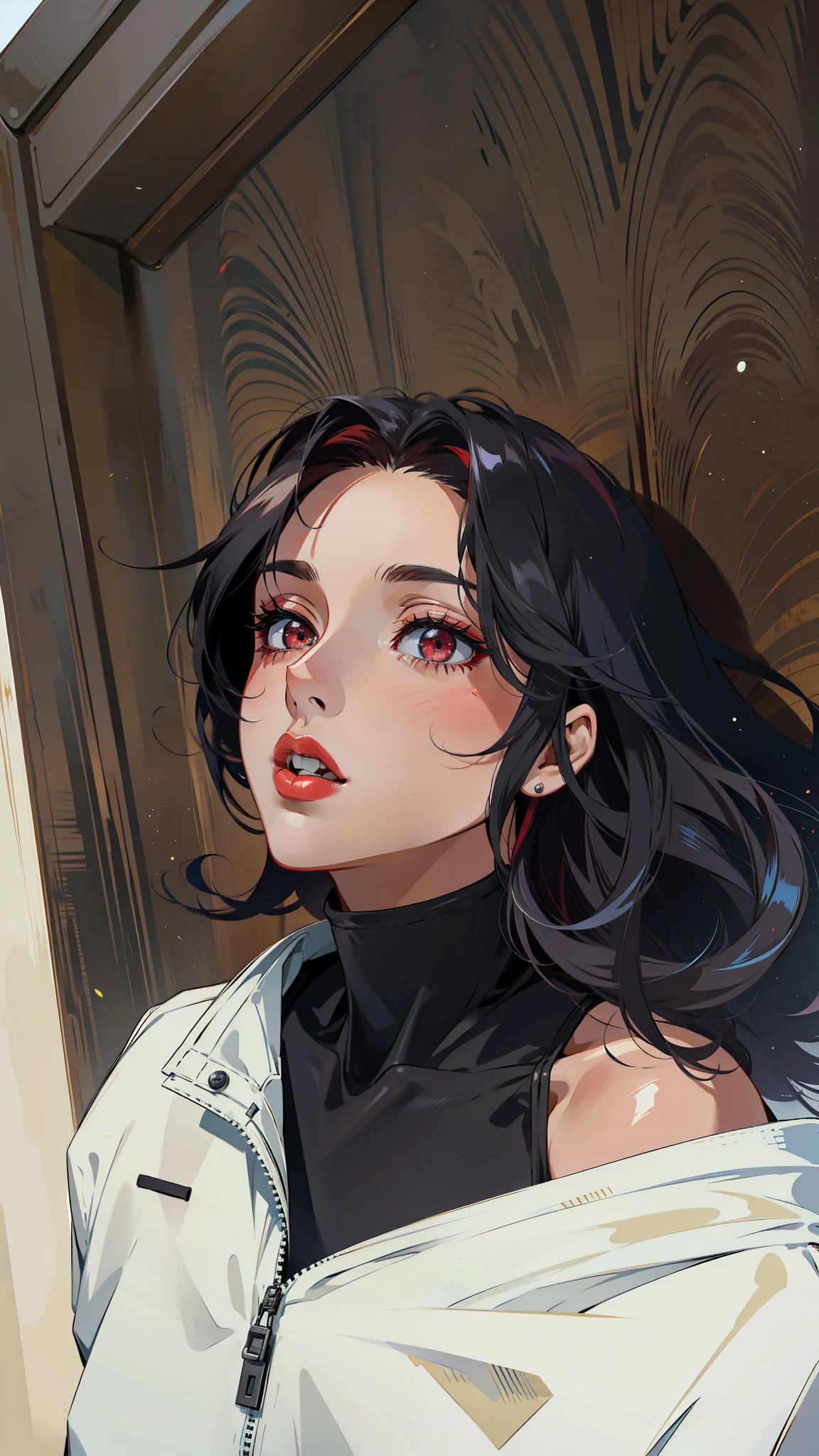 (masterpiece),(best quality:1.0), (ultra highres:1.0), detailed illustration, 8k, anime, 1girl, beautiful anime girl, wearing a red top, white jacket, pretty face, detailed face, beautiful eyes, detailed eyes, dark red eyes, bright red lips, red lipstick, beautiful stylish hair, highlights in hair, red theme, Ruby, bangs anime style, best quality, vibrant