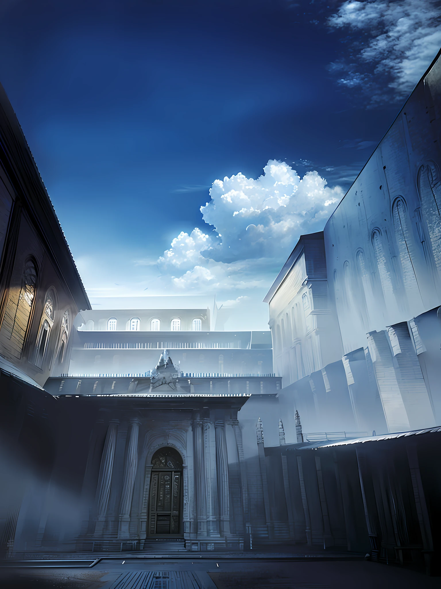 there is a white wall with a roof and a building in the background, there is blue sky, with clouds in the sky, clouds in the background, sky in background, nice clouds, sky in the background, with dramatic sky, blue sky, perspective sky, the sky is beautiful and clear, cloudy day, clouds in background, very cloudy sky