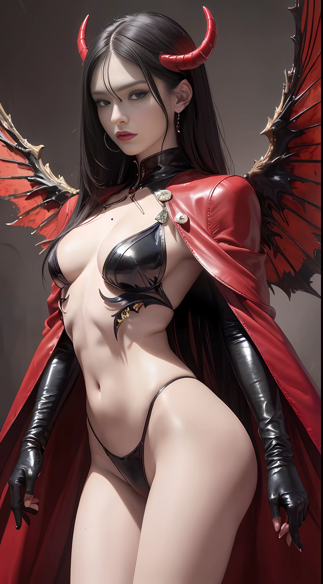 Master painting, 8K picture quality, master painting, 8K picture quality, small chest, demon wings, exquisite eye portrayal, exquisite facial features portrayal, delicate body portrayal, delicate makeup depiction, red leather coat, long black hair, slender body, open chest, long legs, ((exposed)) fleshy ((injured)) red blood on the body