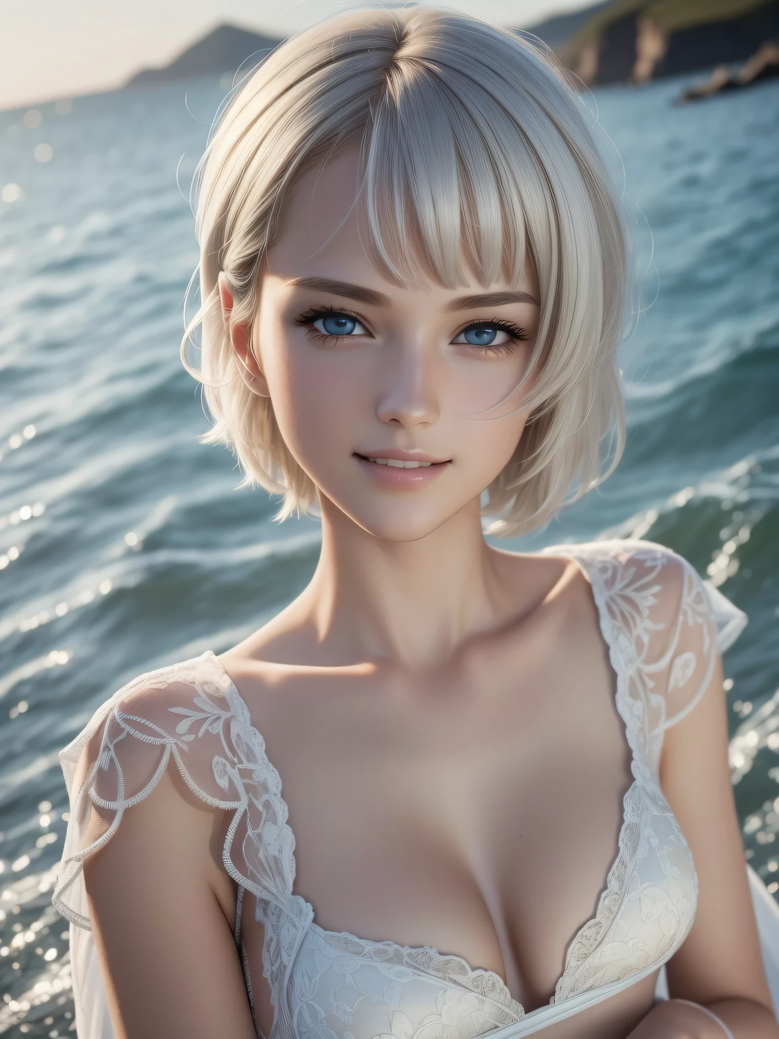 (RAW Photo: 1.2), (Photorealistic: 1.4), (Masterpiece: 1.3), (Best Quality: 1.4), Ultra High Resolution, (Detailed Eye Features), (Detailed Facial Features), (Detailed Clothing Features), HDR, 8k Resolution, Solo Focus, Bangs, Skin Tight, (Glossy Skin), (Slender Beautiful Girl), 18 years old, Check Commentary, Commentary Request, landscape, no letters, bob hair, short hair, white hair, blue eyes, one girl, full body, sea, yellow costume, wedding dress, happiness, smile