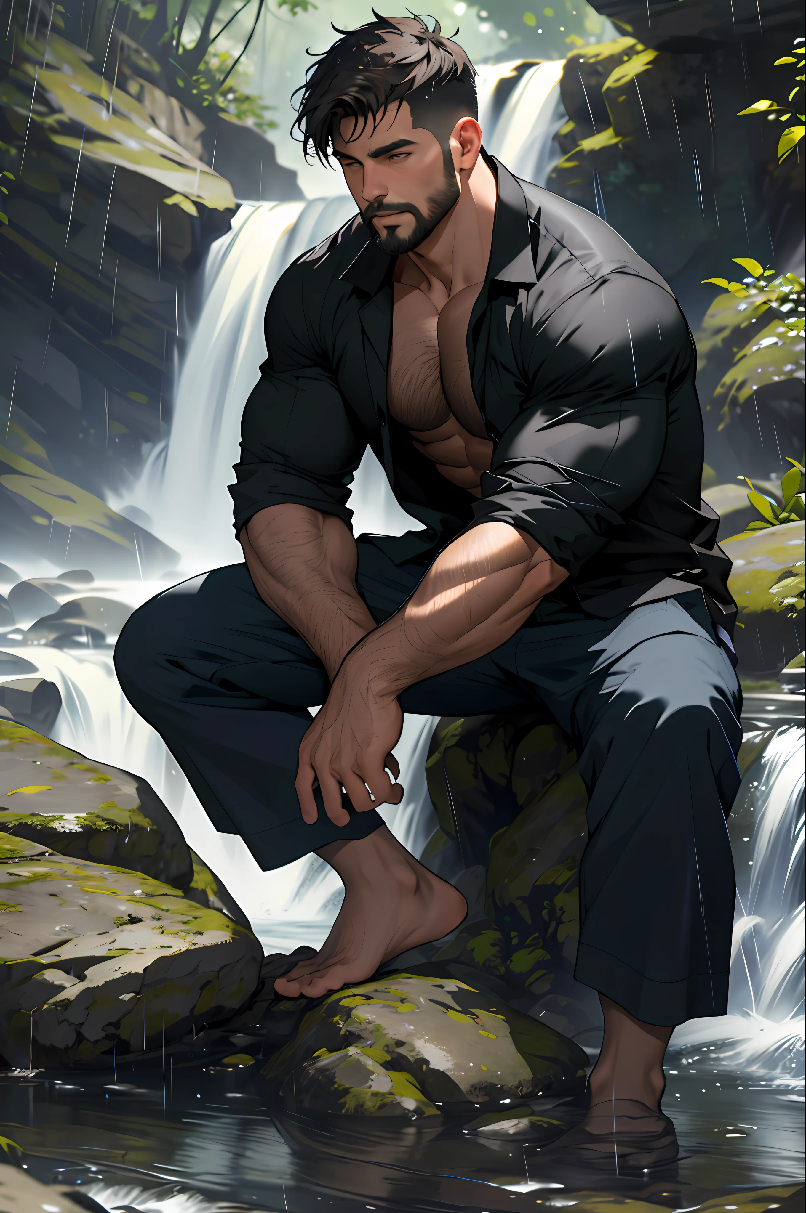 Best quality, masterpiece, expressionless,ultra high res,detailed background,realistic,1man,solo,male,muscular,mature male,short hair,facial hair,sitting,waterfall,river,real shadow and light,depth of field,chest, underwear, rain