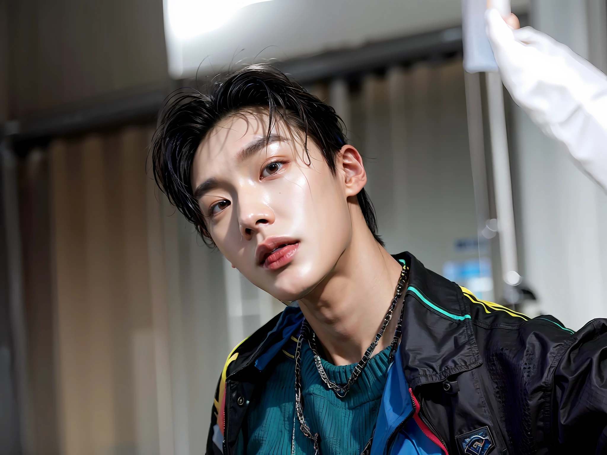 arafed male in a blue and green shirt and a black jacket, cai xukun, hyung tae, portrait of jossi of blackpink, yanjun chengt, taejune kim, key still, portrait of kpop idol, headshot profile picture, joel fletcher, hong june hyung, steven jung, all from the group nct, profile shot, mark lee, profile pic