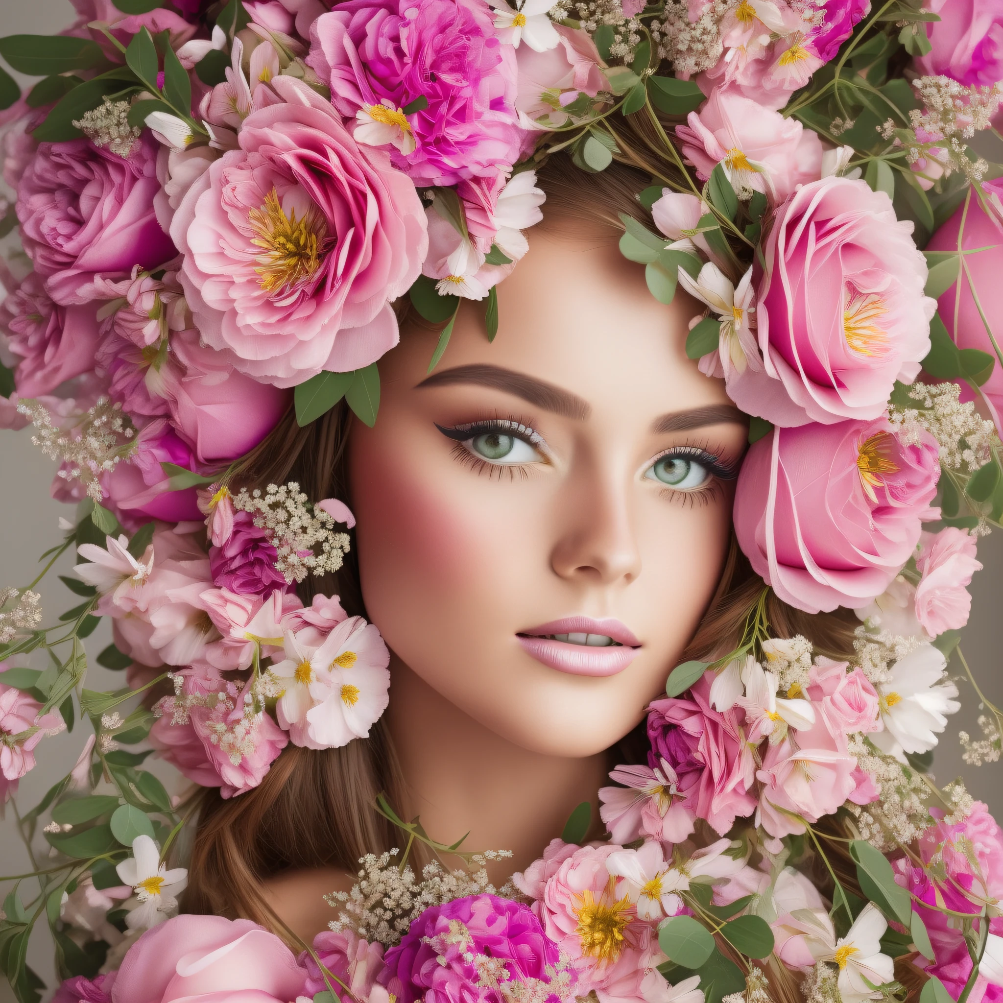 haute couture fashion portrait of a woman, beautiful woman, flowers covering head and face, flowers covering face, flowers on face, flowers covering face, flowers covering eyes, flowers in front of eyes