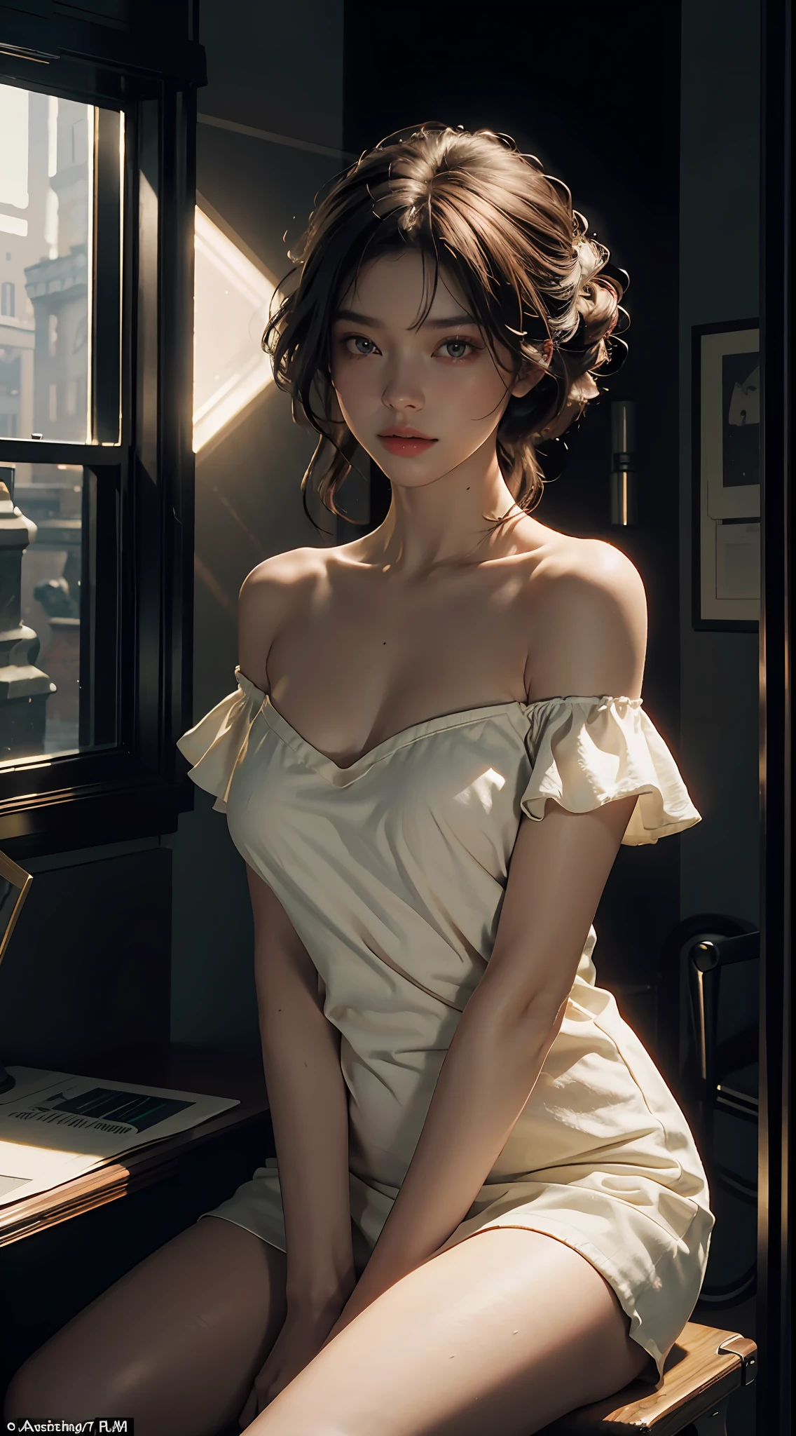Best Quality, Masterpiece, Ultra High Resolution, (Realisticity: 1.4), Original Photo, 1girl, Bare Shoulder, Cinematic Lighting, Ray Tracing, Vivid Brightness