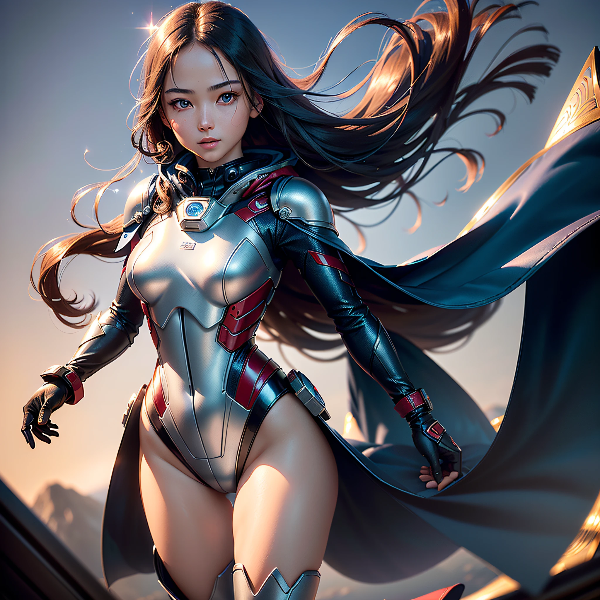 (masterpiece, highest quality, highest resolution, distinct_image, very elaborate CG, cinematic lighting, ray tracing, drop shadows, detailed detail, (photorealism: 1.4), high quality textures, fine-grained, realistic face expression): (Girl alone, face is Japan, (long hair of deep blue fluttering in the wind: 1.2), small size breasts, Sparkly red colored eyes, eye-level shots, metallic blue colored flight suit, tight-fitting clothes, full-body clothing, light smile, beauty, slim body, exoskeleton, heroine, headset, long boots, gloves, cloak fluttering in the wind, spectacular view from the top of the moon with the back of the earth)