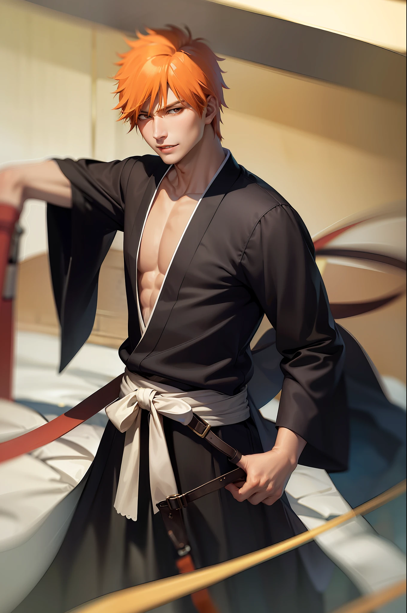 (masterpiece, best quality:1.2), cowboy shot, solo, male focus, 1boy, kurosaki ichigo, slight smile, looking at viewer, short orange hair, brown eyes, japanese clothes, black kimono