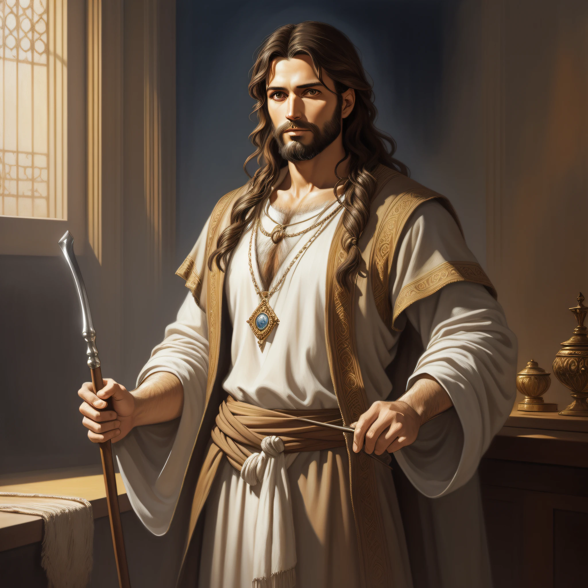 A beautiful ultra-thin realistic portrait of Jesus, the prophet, a man 33 years old Hebrew brunette, short brown hair, long brown beard, with staff in hand, wearing long linen tunic closed on the chest part, in front view, full body, biblical, realistic,by Diego Velázquez,Peter Paul Rubens,Rembrandt,Alex Ross,8k, Concept Art, PhotoRealistic, Realistic, Illustration, Oil Painting, Surrealism, HyperRealistic, brush brushes, Digital art, style, watercolor