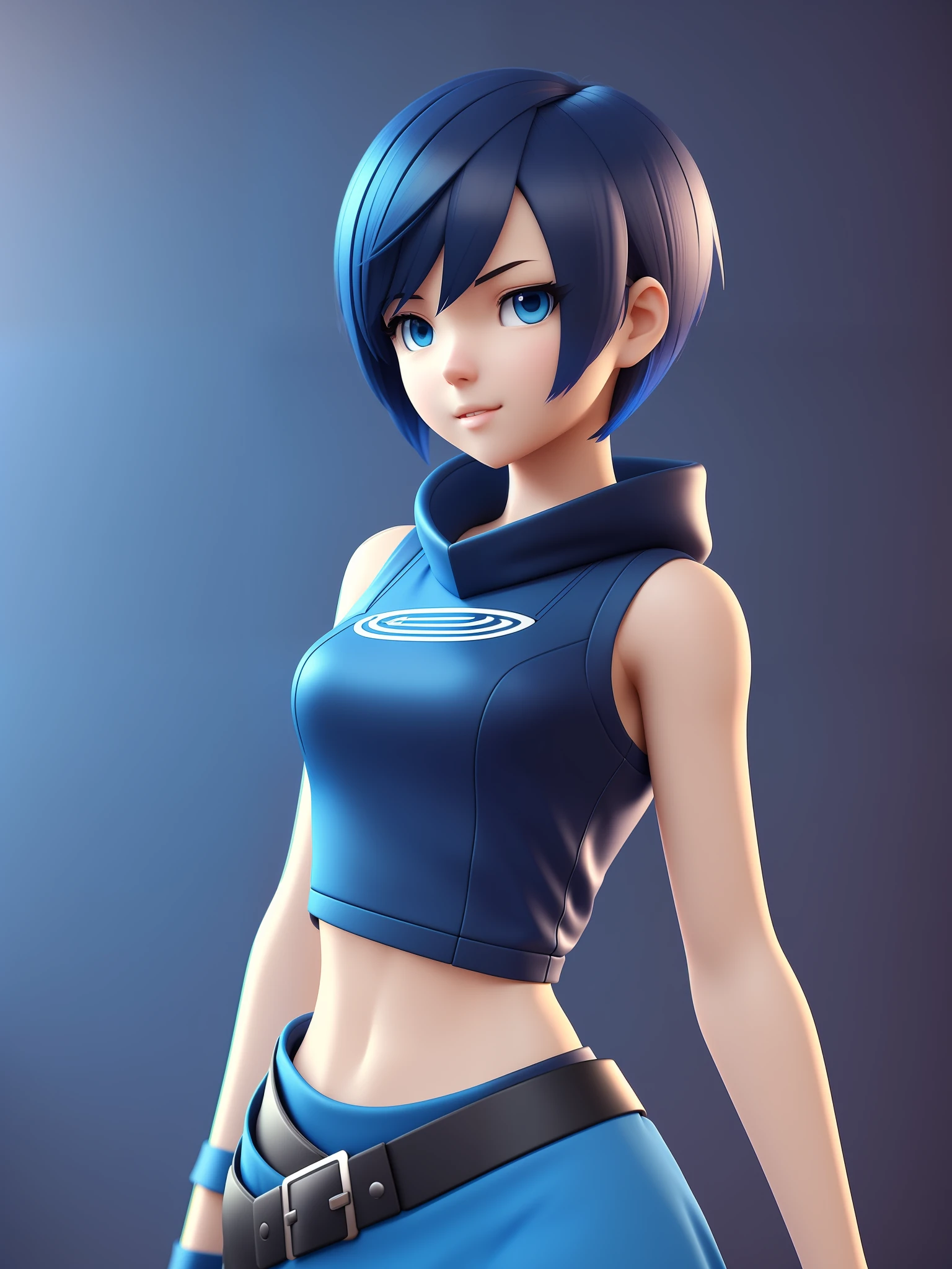 Young girl, a cartoon character light dark blue clothing, (short hair and dark blue), stylized character, animation character, stylized 3d render, 3d character, highly detailed character, stylized anime, stylized 3d, render character, character model, close up, maximum quality