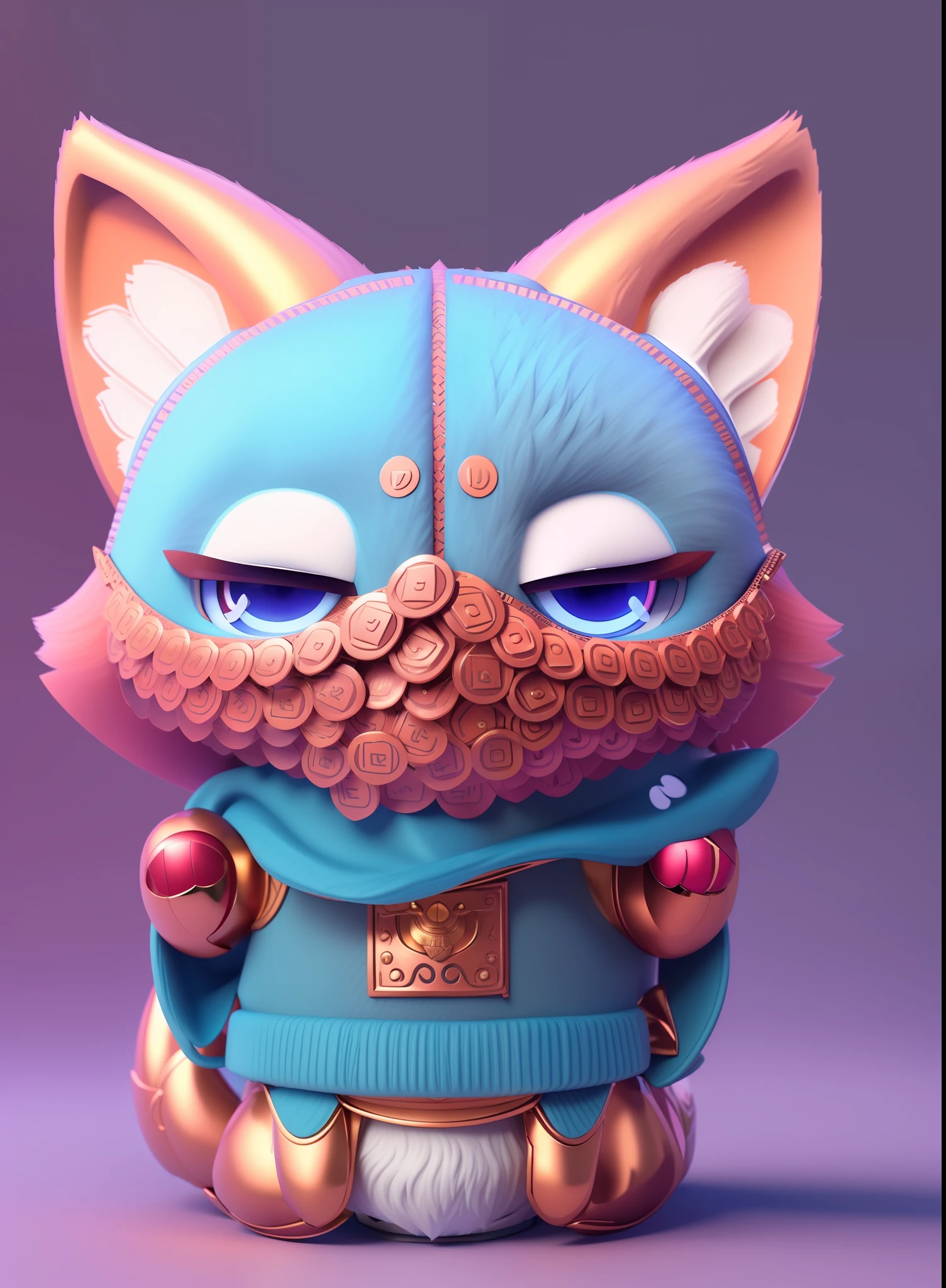 Close-up of a fox with a beard and mustache, dressed in Qing dynasty clothes with a copper money mask on his face, 3D model of a Japanese mascot, popular Japanese 3 D super detailed, Nekomimi, Katsuro Otomo highly detailed, samurai cat, Lego from Beastars, inspired by Miaofu, made with zbrush, very detailed face, handsome paint flow color matching, very, very super detailed, blender, pastel color scheme, masterpiece, best quality, DSLR camera, Intricate details with snow in the background