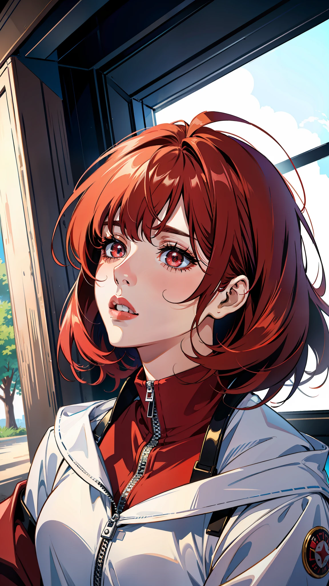 (masterpiece),(best quality:1.0), (ultra highres:1.0), detailed illustration, 8k, anime, 1girl, beautiful anime girl, wearing a red top, white jacket, pretty face, detailed face, beautiful eyes, detailed eyes, dark red eyes, bright red lips, matte red, pretty lips, beautiful stylish hair, highlights in hair, red theme, Ruby, bangs anime style, best quality, vibrant