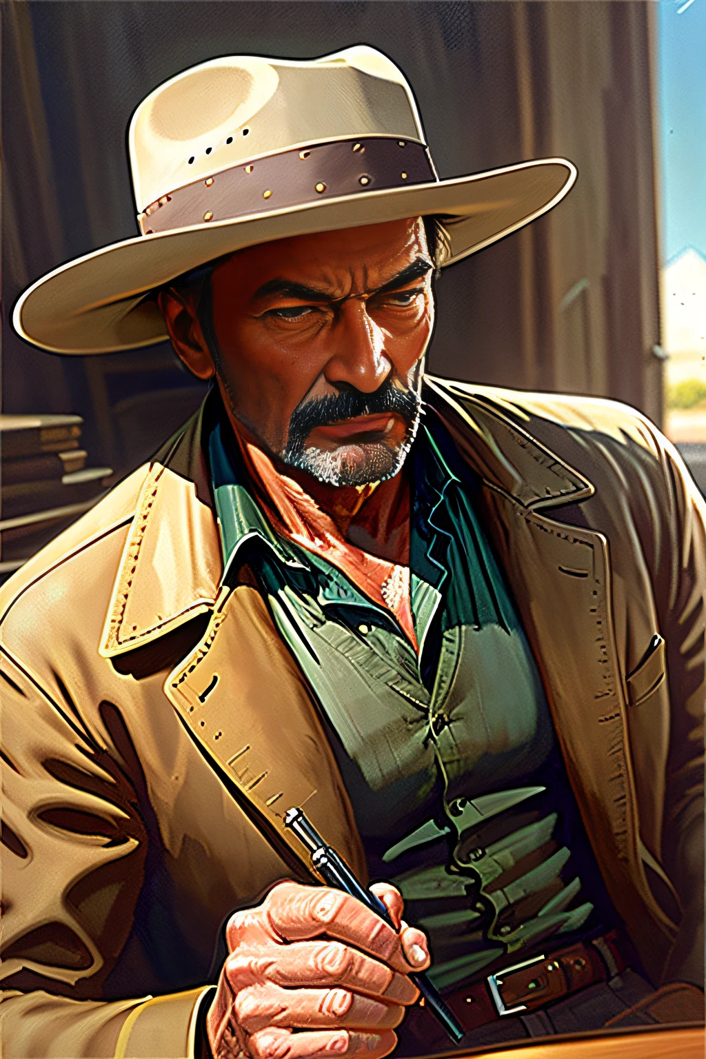 analog style ((photorealistic), film grain),
8k hdr, ultra realistic, film photography, dslr
Lee Van Cleef in a western movie, 1969,
(perspective:1.1), (from below:1.1), (powerful:1.2),
professional majestic oil painting by Ed Blinkey, Atey Ghailan, Studio Ghibli, by Jeremy Mann, Greg Manchess,
Antonio Moro, trending on ArtStation, trending on CGSociety, Intricate, High Detail, Sharp focus, dramatic,
by midjourney and greg rutkowski, realism, beautiful and detailed lighting, shadows, by Jeremy Lipking,
by Antonio J. Manzanedo, by Frederic Remington, by HW Hansen, by Charles Marion Russell, by William Herbert Dunton