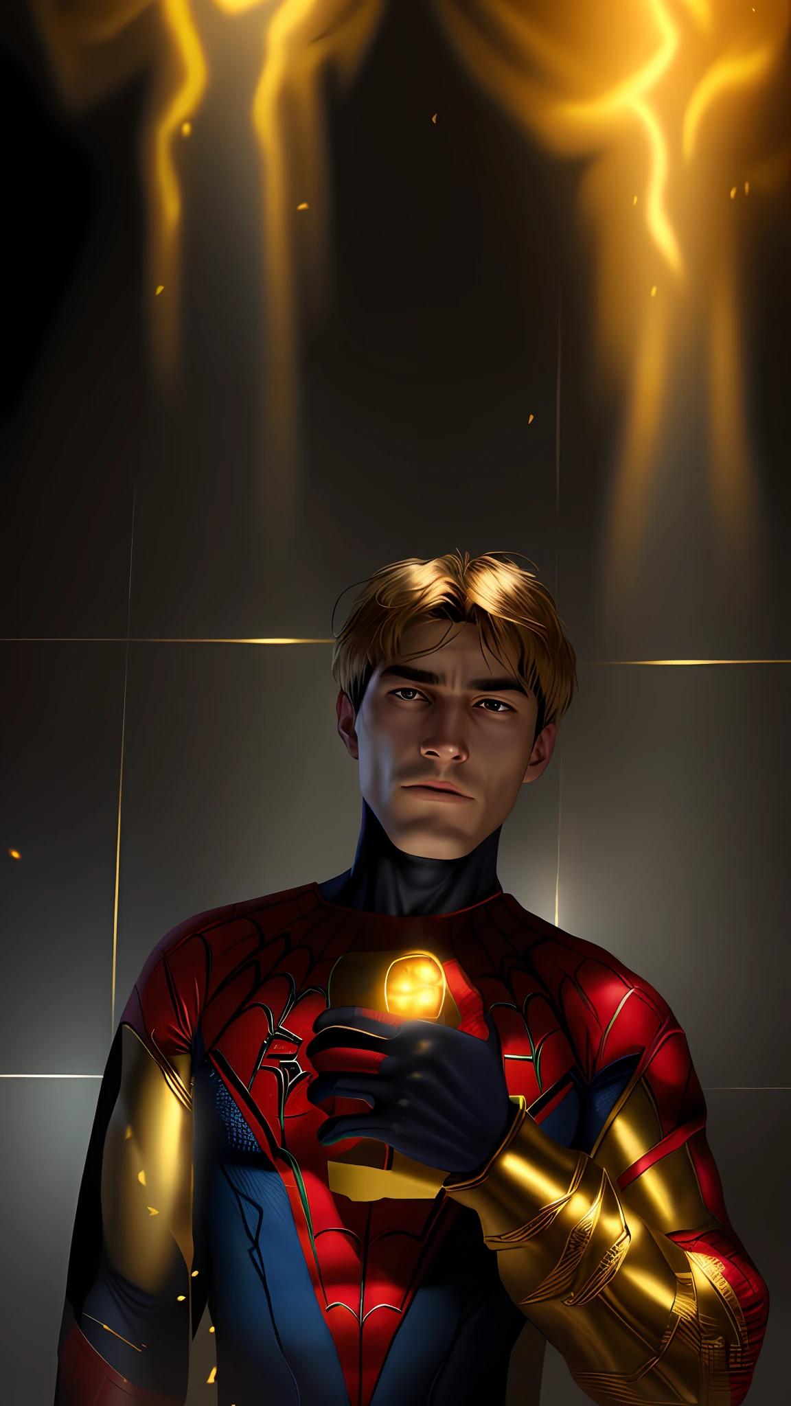 Spiderman, with gold armor, with fire web(high quality and realism) extremely detailed 4K