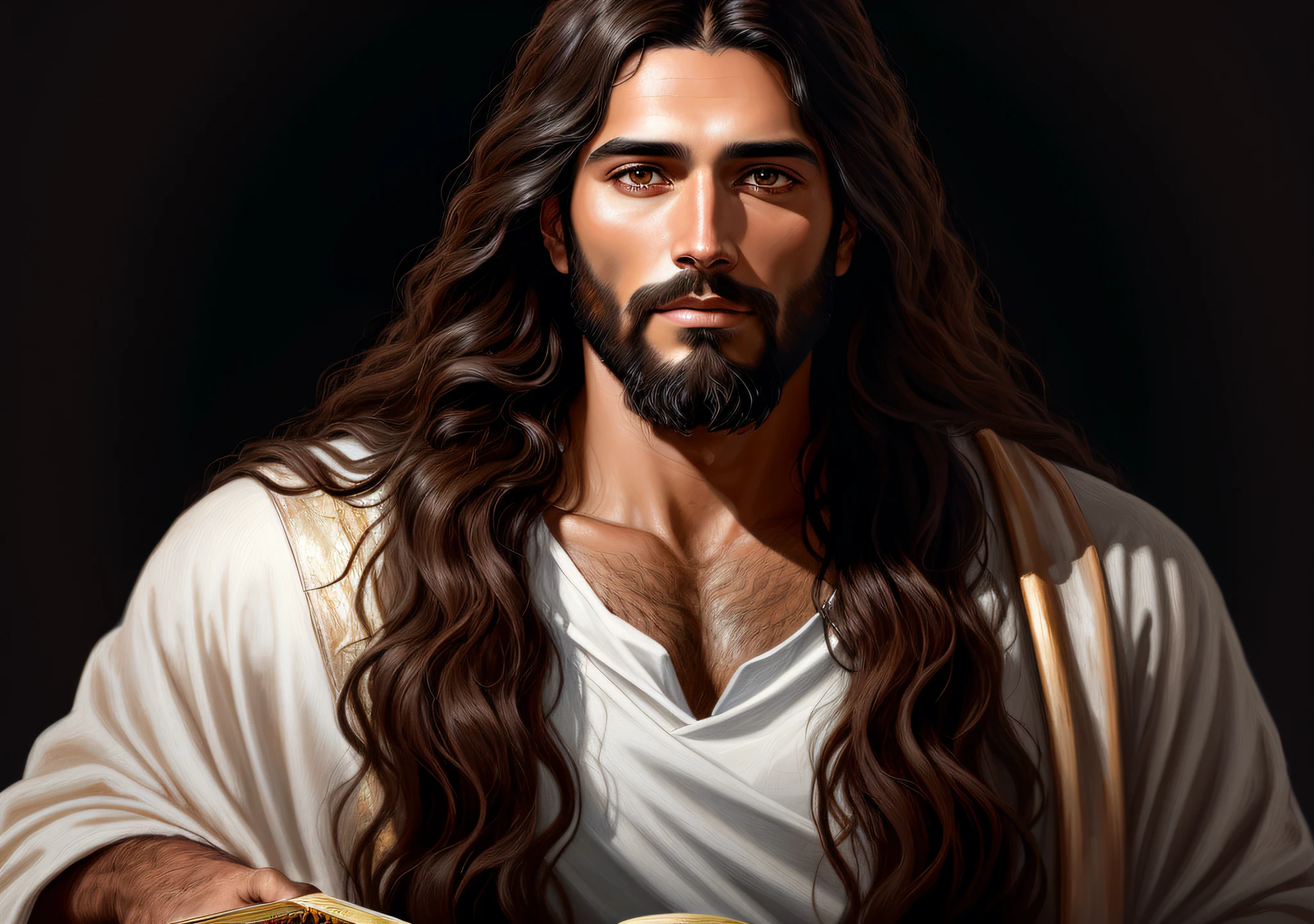 Jesus of Nazareth with a Bible, Big Hair and Brown Eyes, Beard, White Mantle, Black T-shirt, Portrait of Jesus Christ, Detailed Painting 4K, Jesus Christ, Painted in High Resolution, Digital Painting with 8K Resolution, Digital Painting with 8K Resolution, Digital Painting 8K, Digital Painting Detailed, Digital Painting Realistic, Digital Painting 4K, Digital Painting 4K, Digital Painting HD,  Ultra detail. digital painting, gorgeous digital painting