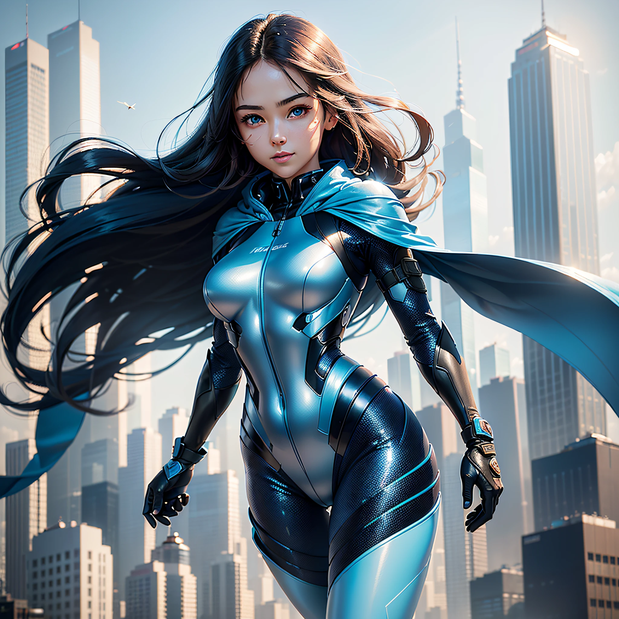 (masterpiece, highest quality, highest resolution, distinct_image, very elaborate CG, cinematic lighting, ray tracing, drop shadows, detailed detail, (photorealism: 1.4), high quality textures, fine-grained, realistic face expression): (single girl, face is Japan, (long hair of blue fluttering in the wind: 1.2), small size breasts, Sparkly blue colored eyes, eye level shots, blue colored flight suits, tight fitting clothes, full-body covering clothes, light smile, beauty, slim body, exoskeleton, heroine, headset, long boots, gloves, cloak fluttering in the wind, spectacular view against modern skyscrapers)
