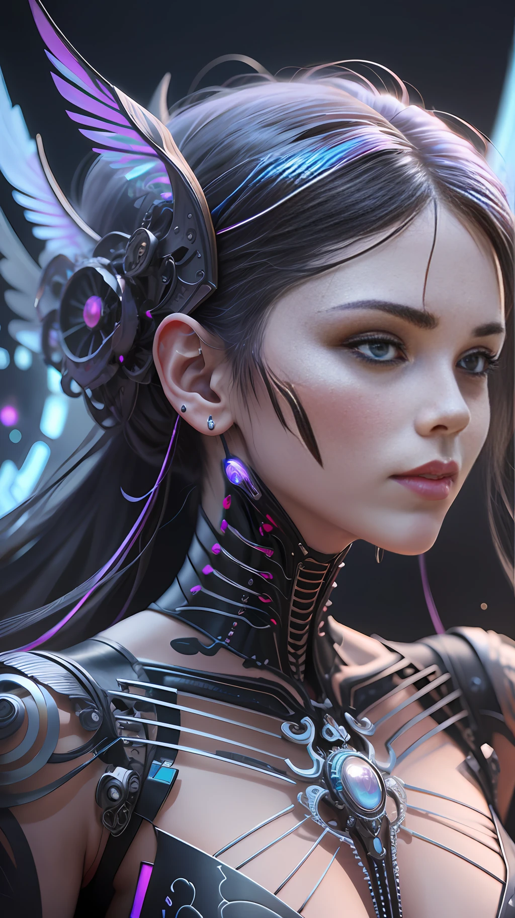 Ultra Detailed upper body HD photo of Beautiful Angel of Death, Biomechanical Robot, Intricate 3D rendering, Simulated 150mm Lens, Beautiful Natural Soft Edge Light, Neon Vein, Roots, Delicate Leaf Lace, Colored Details, Boris Bidjan Saberi Garments, Pearl Earrings, Piercings, Art Nouveau Fashion Embroidery, Intricate Details, Mesh Lines, Mandelbrot Fractal, Facial Muscles, Cables, Microchips, Surreal, Octane, Volume Lighting, 8k and post-production, red white with a touch of black, metal skeleton detailing, half-human, iridescent, Glenn Brown style, futuristic room, power of God, high angle shooting, complex body poses