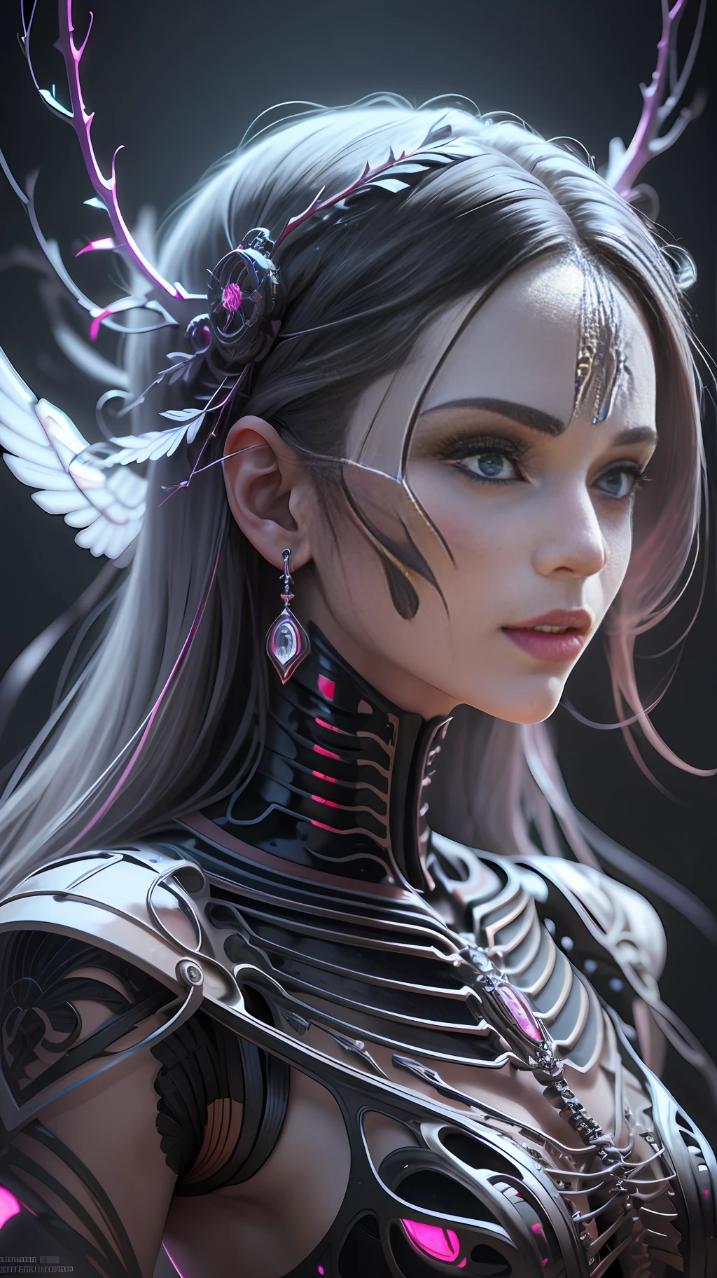 Ultra Detailed upper body HD photo of Beautiful Angel of Death, Biomechanical Robot, Intricate 3D rendering, Simulated 150mm Lens, Beautiful Natural Soft Edge Light, Neon Vein, Roots, Delicate Leaf Lace, Colored Details, Boris Bidjan Saberi Garments, Pearl Earrings, Piercings, Art Nouveau Fashion Embroidery, Intricate Details, Mesh Lines, Mandelbrot Fractal, Facial Muscles, Cables, Microchips, Surreal, Octane, Volume Lighting, 8k and post-production, red white with a touch of black, metal skeleton detailing, half-human, iridescent, Glenn Brown style, futuristic room, power of God, high angle shooting, complex body poses