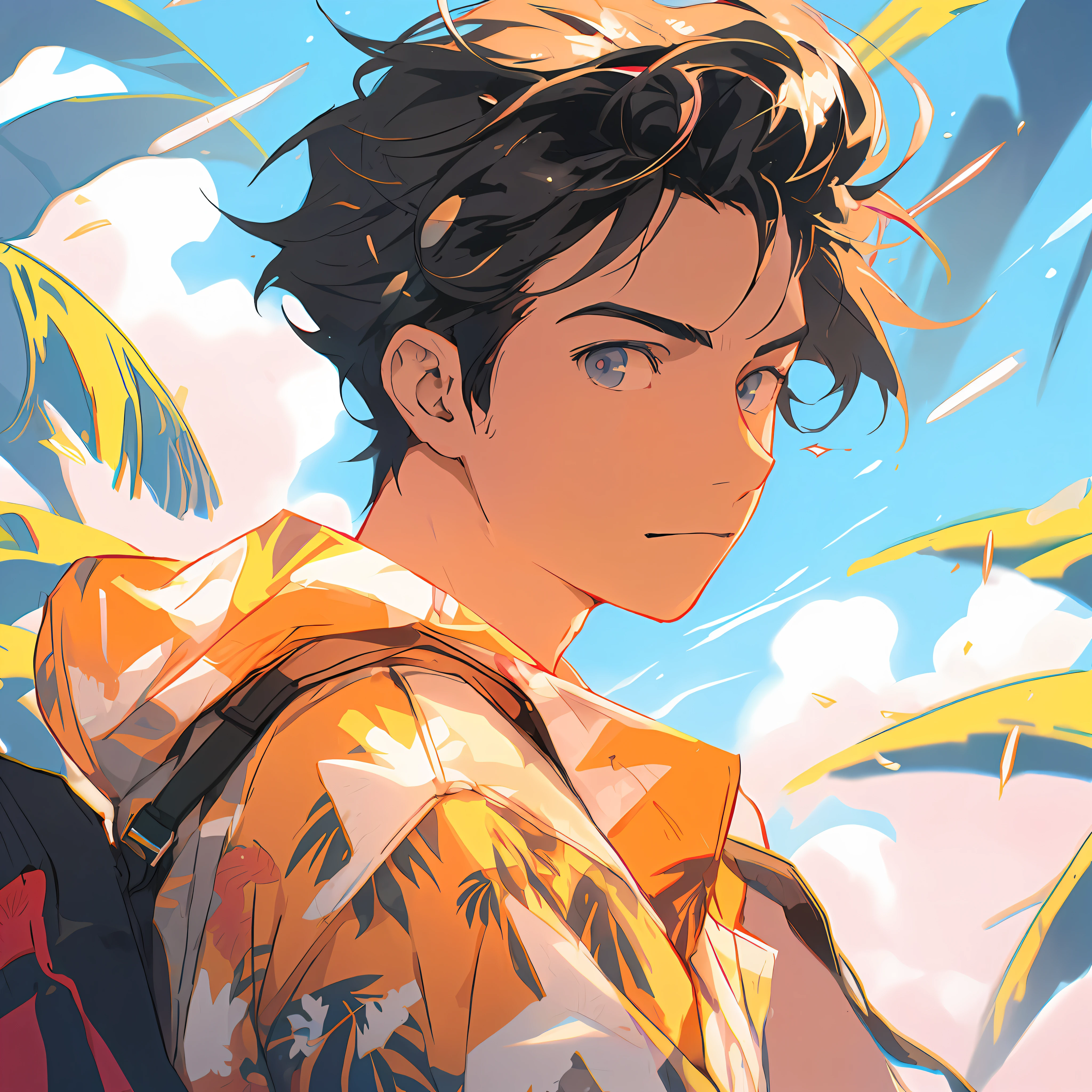 anime boy with backpack looking at the sky with palm trees in the background, high quality anime artstyle, makoto shinkai ( apex legends ), handsome guy in demon slayer art, young anime man, kentaro miura manga art style, anime art wallpaper 8 k, kentaro miura art style, anime boy, anime portrait of a handsome man