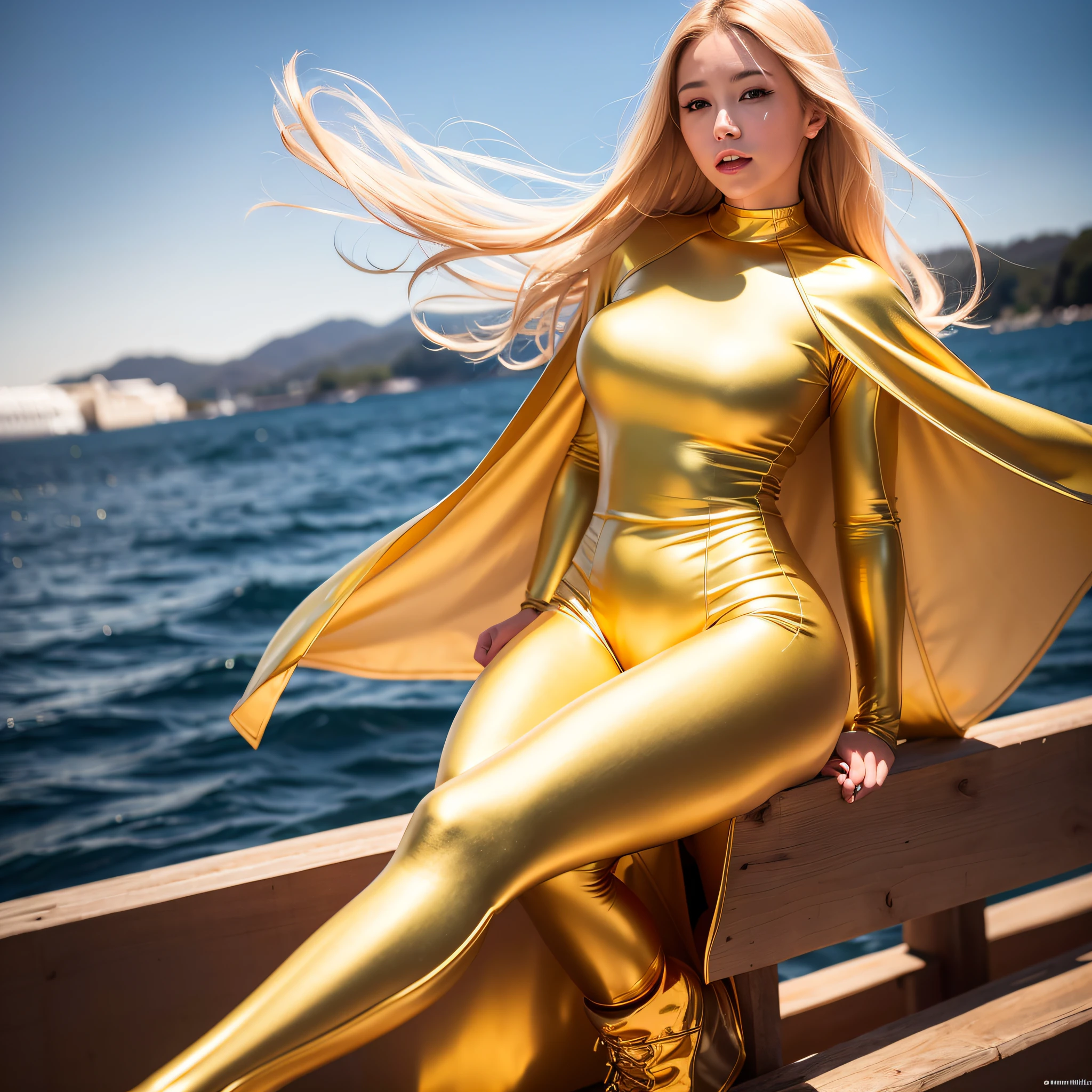 (8K, RAW photo, top quality, masterpiece: 1.2), (realistic, photorealistic: 1.4), cute, Japan girl, delicate and beautiful face, long blonde hair fluttering in the wind, professional lighting, photon mapping, radiosity, physically based rendering, costume covering full body, shiny outfit, rubber, golden tight suit, beautiful woman with perfect body shape : 1.4, sexy, watch viewer, CG wallpaper, standing on the surface of the water, medium breasts, golden gloves, full body, golden long boots, leaning forward astride the vehicle, light smile, cape fluttering in the wind
