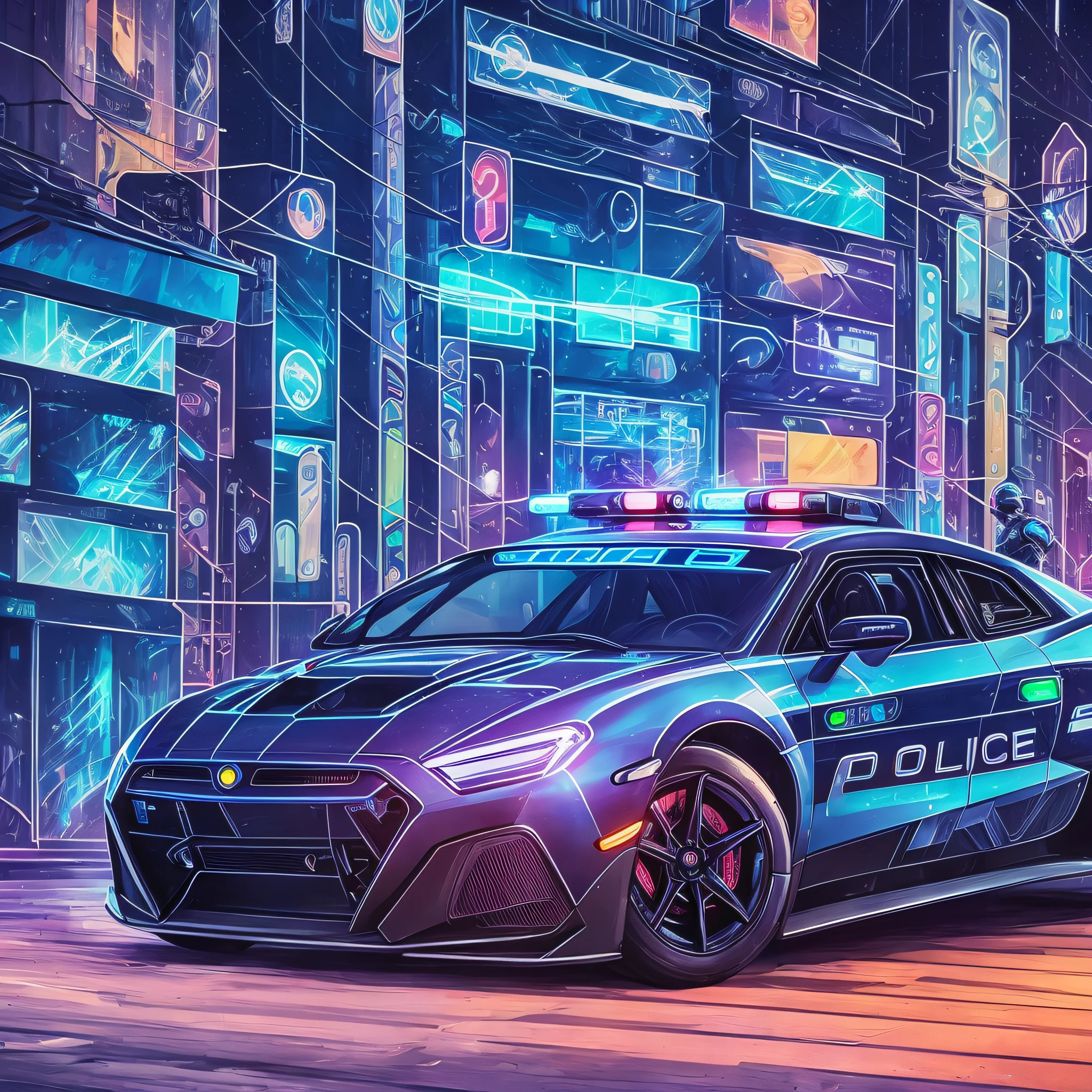futuristic street, night, lights, cyborgs, robot police, racing car --auto --s2