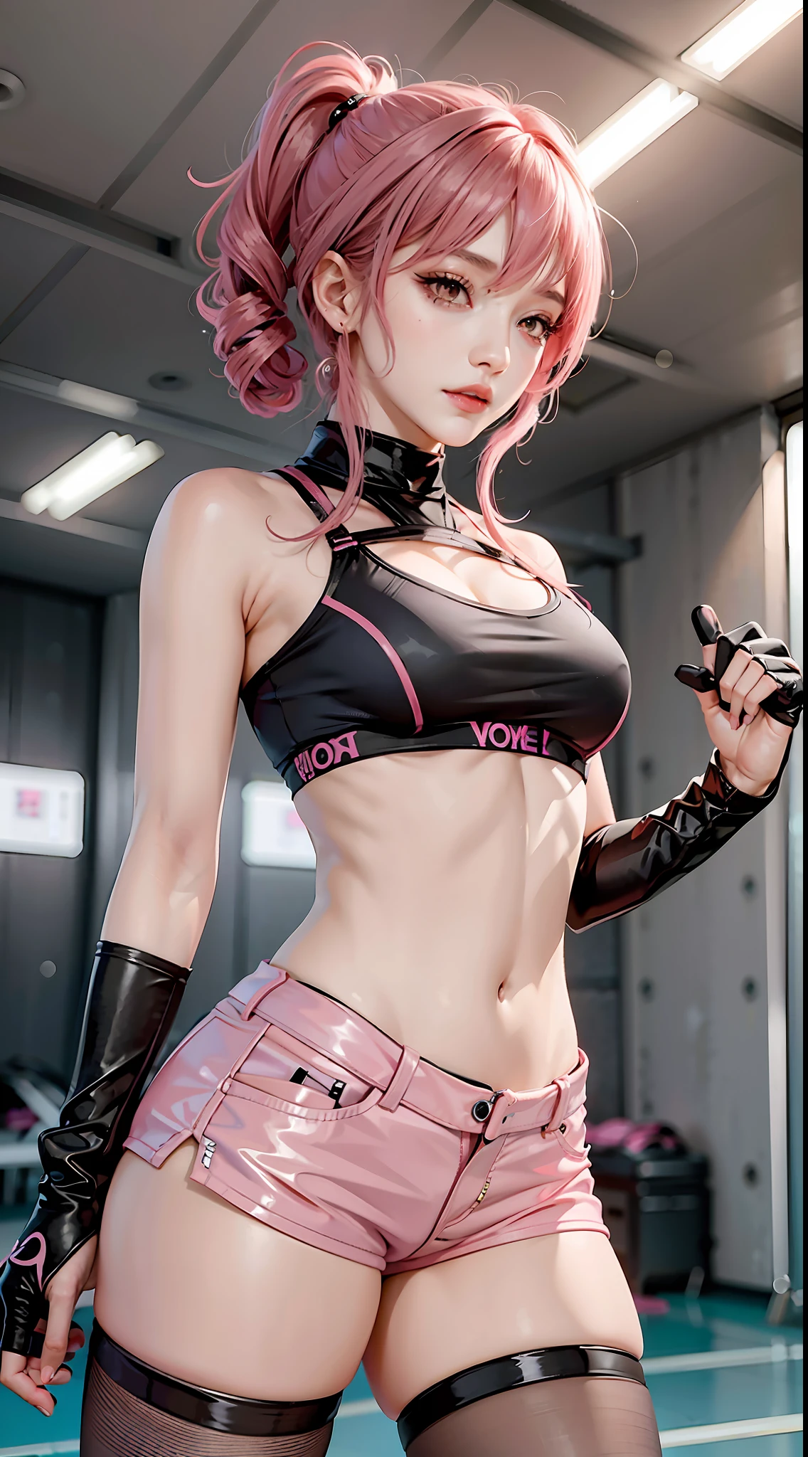 Beautiful woman, 1 girl, pink hair woman, fighting stance, black pantyhose, black gloves, sports bra, jewelry, shorts, J thighs. pink hair, drills, asymmetrical hair,