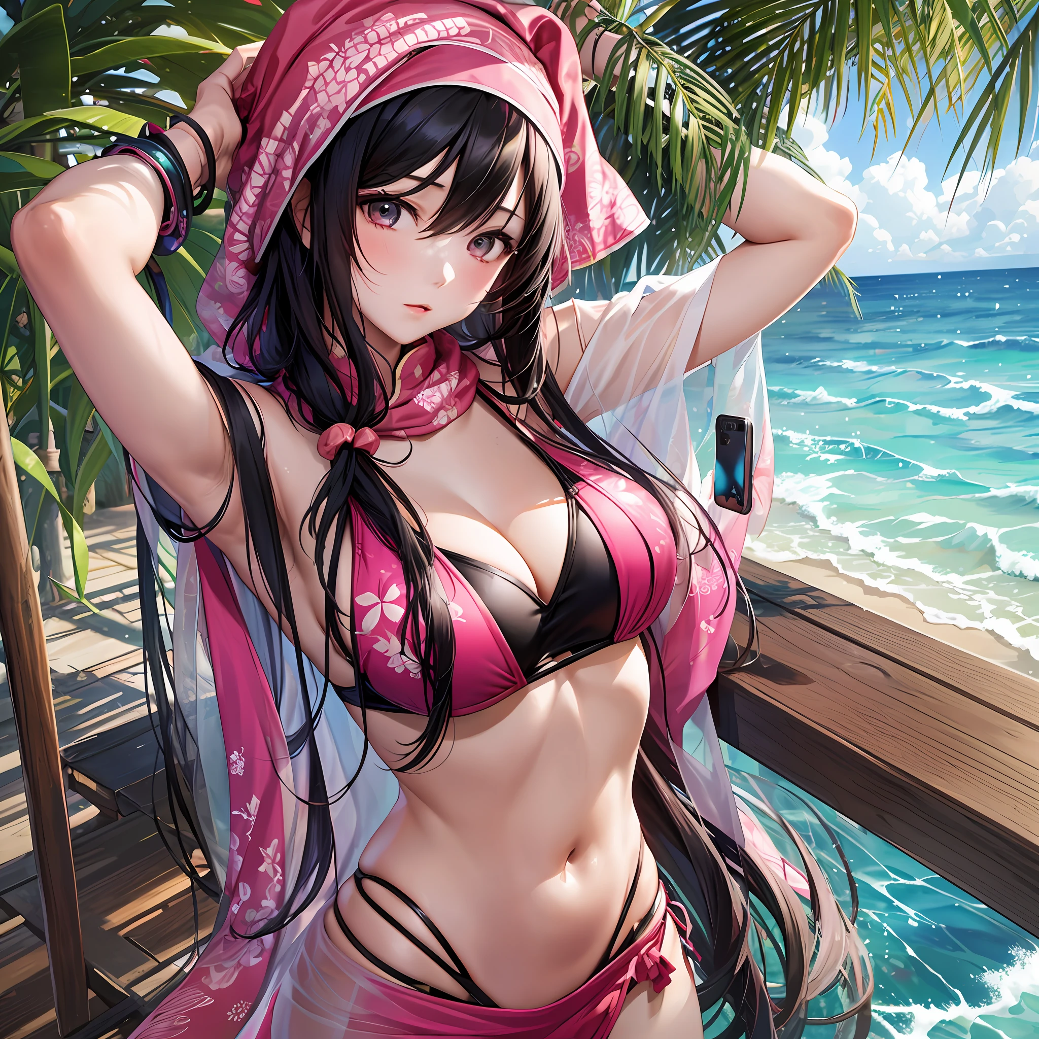 a chinese women dressed in bikinis wearing a pink head scarf, 1 girl, phone, swimsuit, selfie, bikini, long hair, solo, breasts, navel, cellphone, holding phone, black hair, white bikini