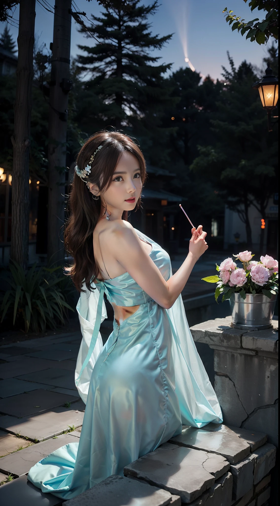An Asian girl, beautiful, young, slim, (fluorescent color: 1.4), (translucent: 1.4), (vintage filter: 1.4), (fantasy: 1.4), candy world, Disneyland, ethereal, soft, fluffy, soft, landscape forest, snowman, pastel, pink sky, green, blue, shine, ethereal, light pastel, whimsical light rainbow stars, diamonds, sparkling gemstones, background super realistic, super quality movie, full HD, painting with plenty of light