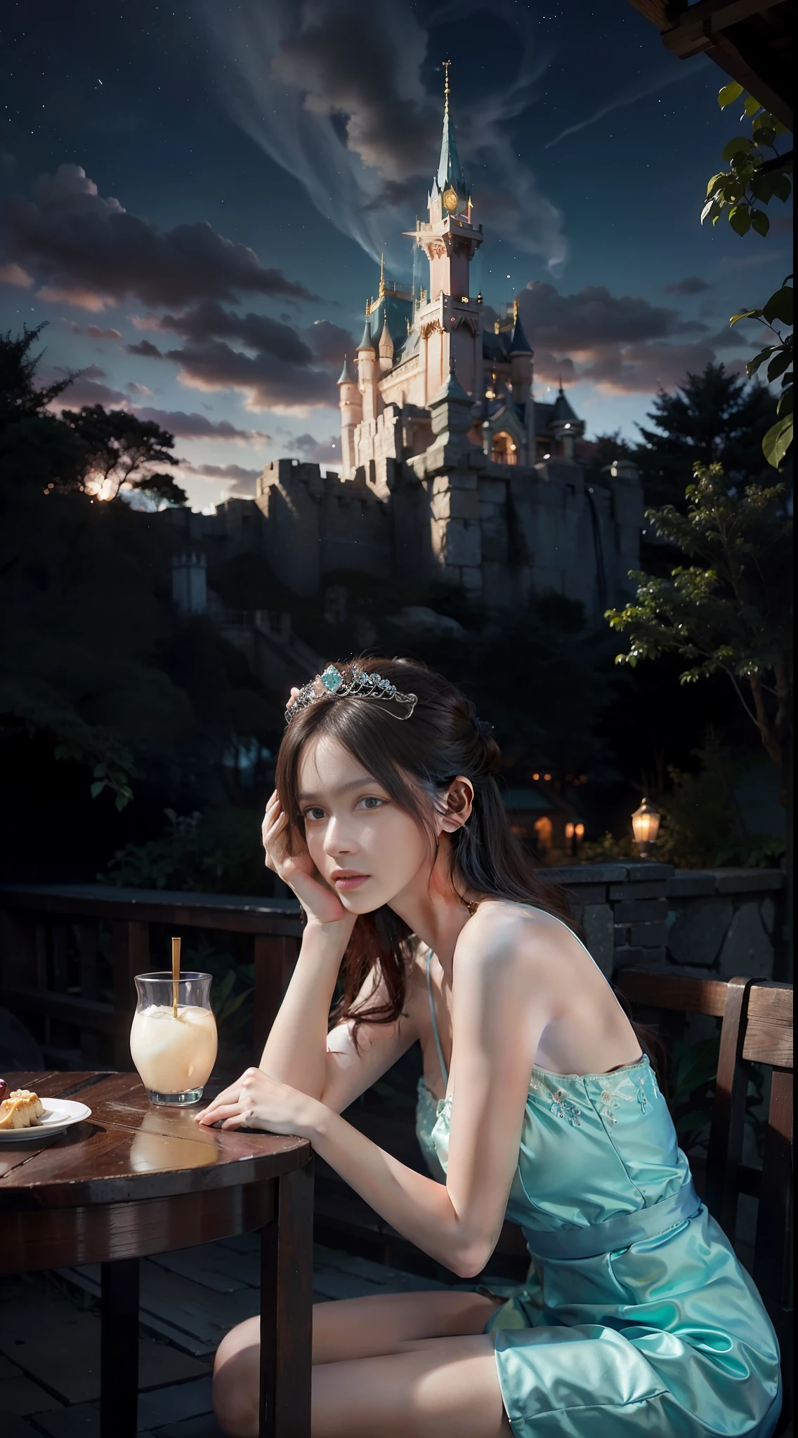 An Asian girl, beautiful, young, slim, (fluorescent color: 1.4), (translucent: 1.4), (vintage filter: 1.4), (fantasy: 1.4), candy world, Disneyland, ethereal, soft, fluffy, soft, landscape forest, snowman, pastel, pink sky, green, blue, shine, ethereal, light pastel, whimsical light rainbow stars, diamonds, sparkling gemstones, background super realistic, super quality movie, full HD, painting with plenty of light