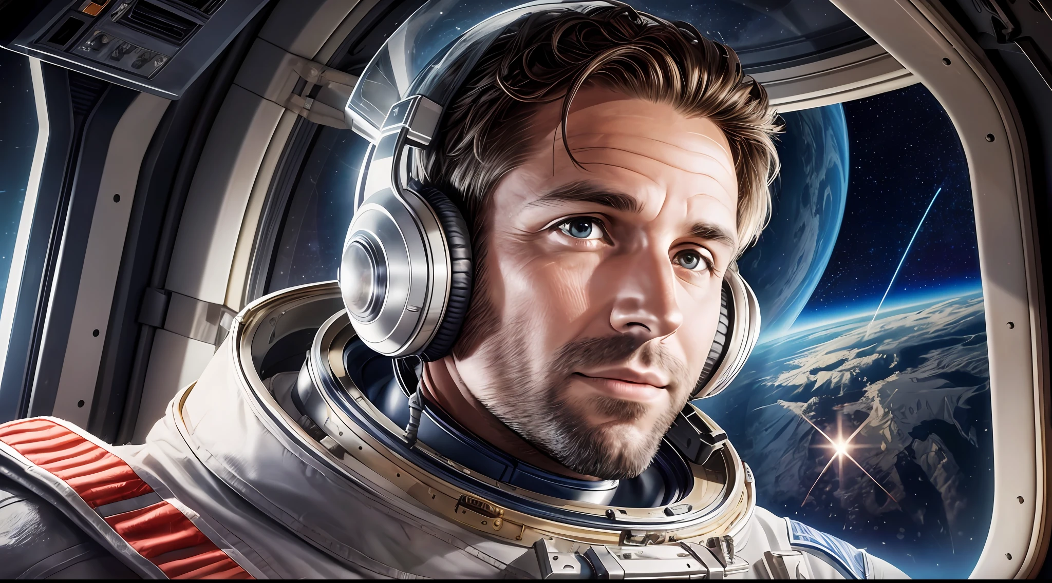 Photorealistic image of a 35-year-old man, no beard, portrait, bust, space cadet, no helmet, astronaut portrait on a spaceship, exquisite highly detailed skin, dark environment, low light