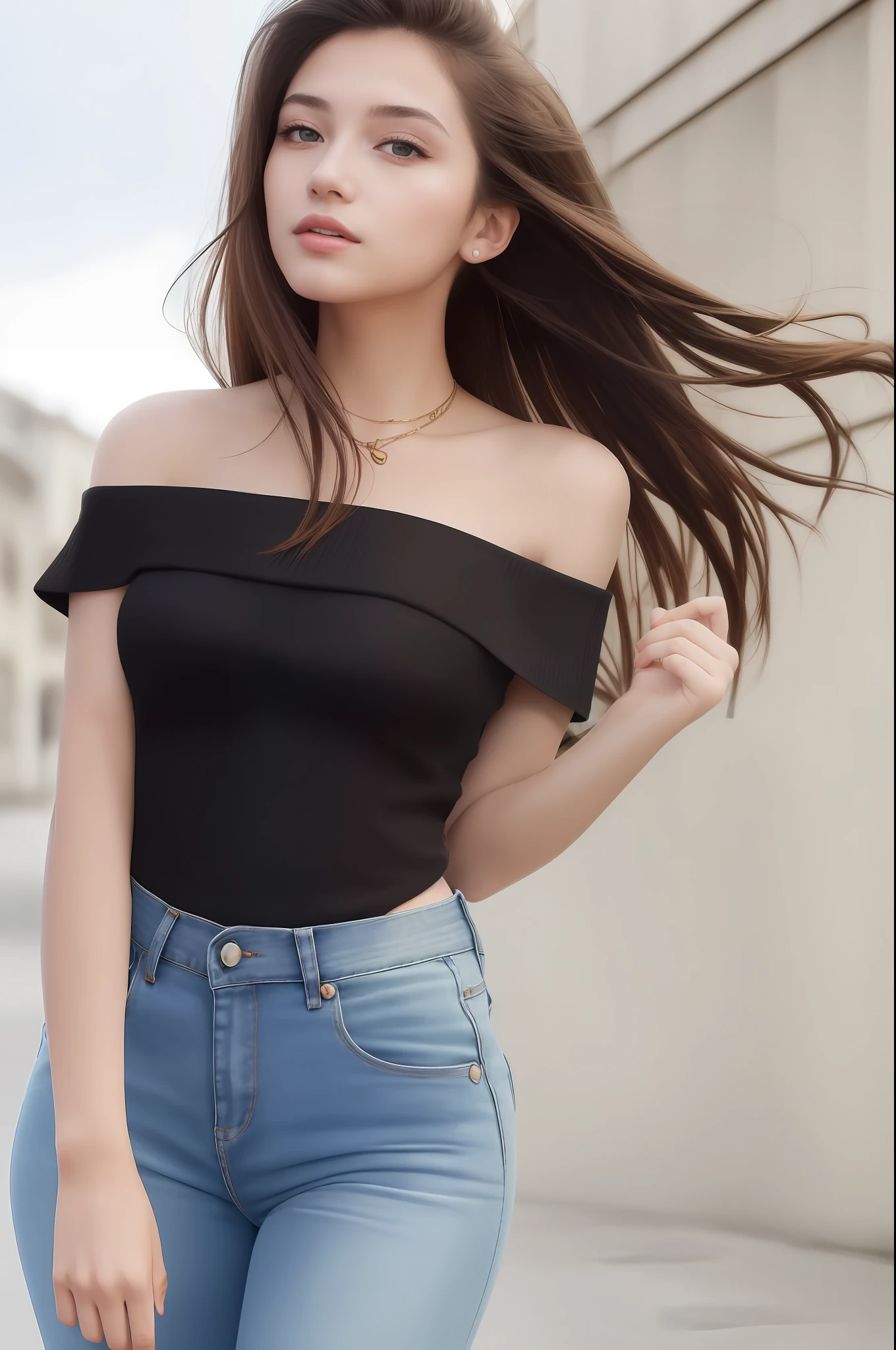 (Best Quality, Masterpiece: 1.1), (Realisticity: 1.4), Light, Bright, 1girl, 18 years old, looking up, black off-the-shoulder top, (skinny), long jeans, (tight), standing, black pouch, outdoor,
