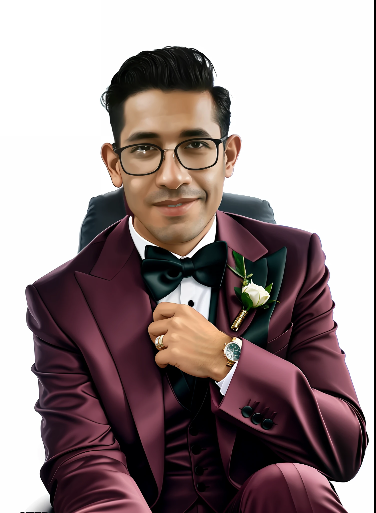 Make the photo wearing a grey tuxedo, sitting on luxury sofa, HD, 4K, 8K,